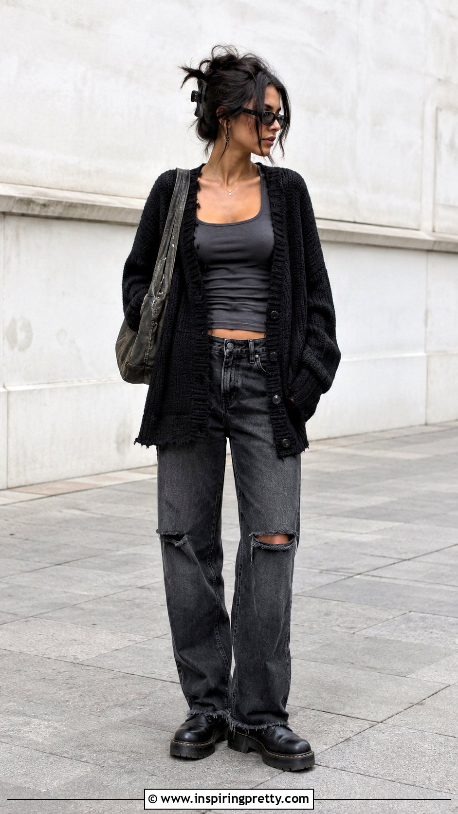 Grunge Cardigan With Distressed Denim - 50 grunge tops outfit ideas