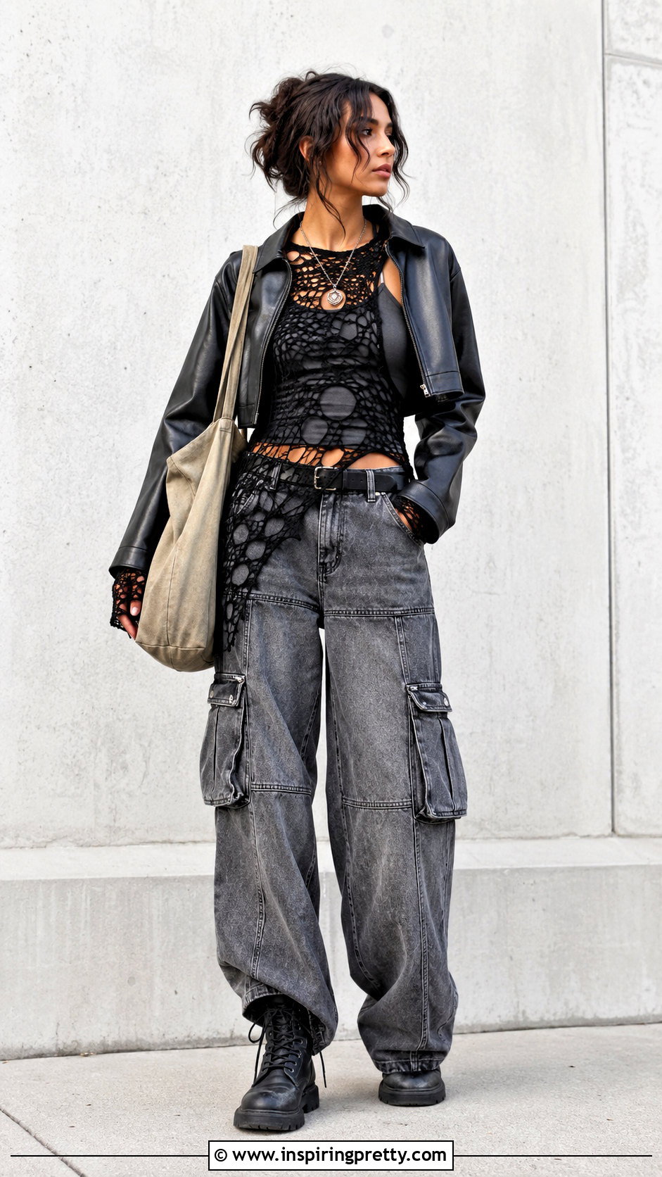 Grunge Crochet Top With Cargo Jeans - 50 grunge tops outfit ideas