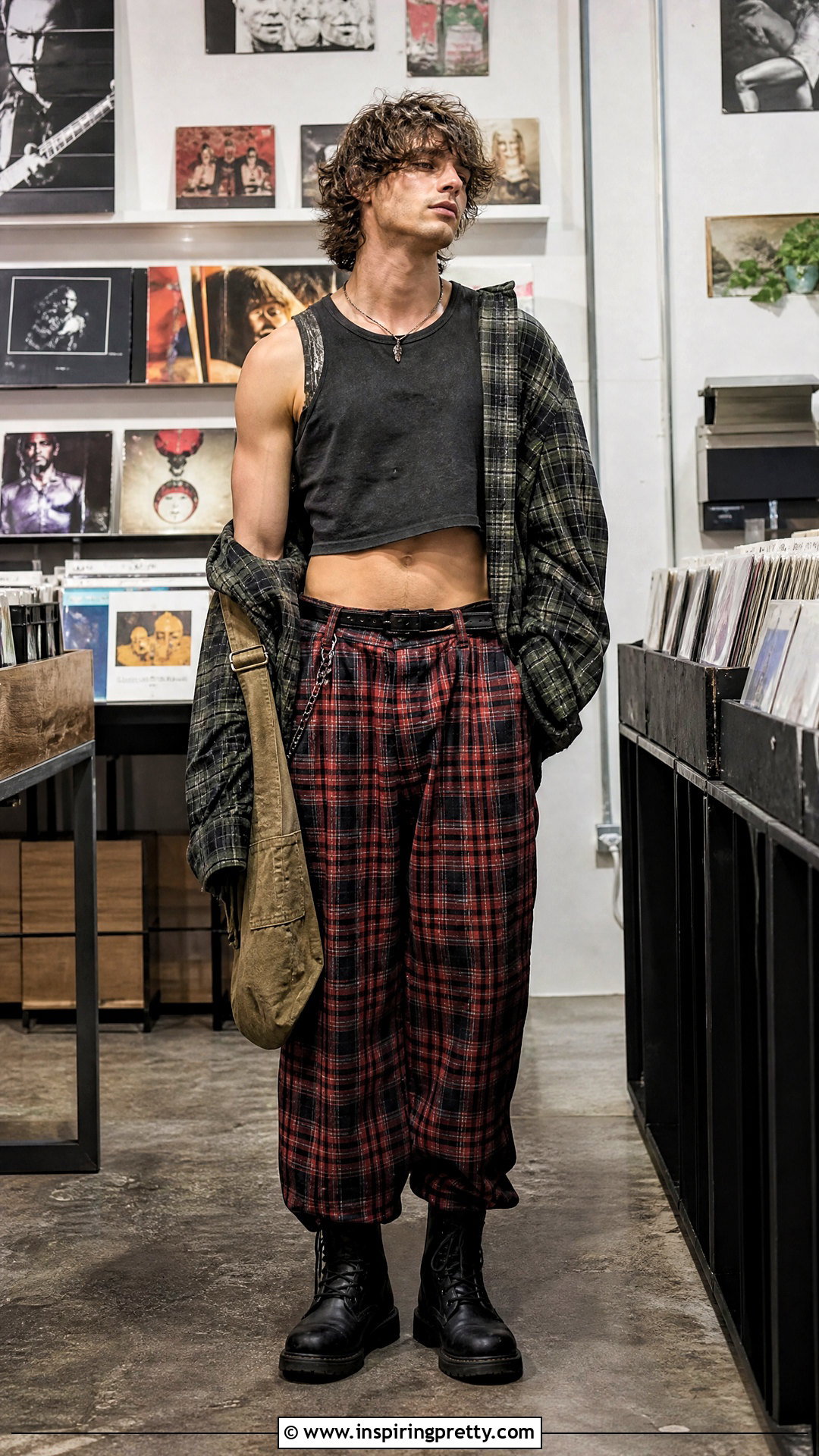 Grunge Crop Top With Plaid Pants - 50 male crop top outfit ideas