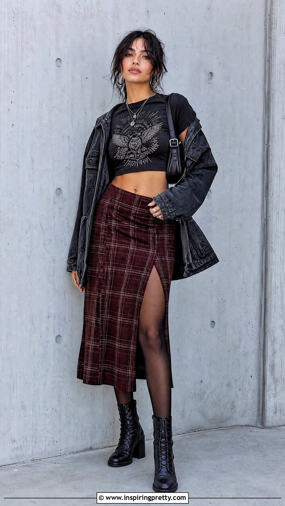 Grunge Crop Top With Plaid Skirt And Boots - 50 aesthetic crop top outfit ideas