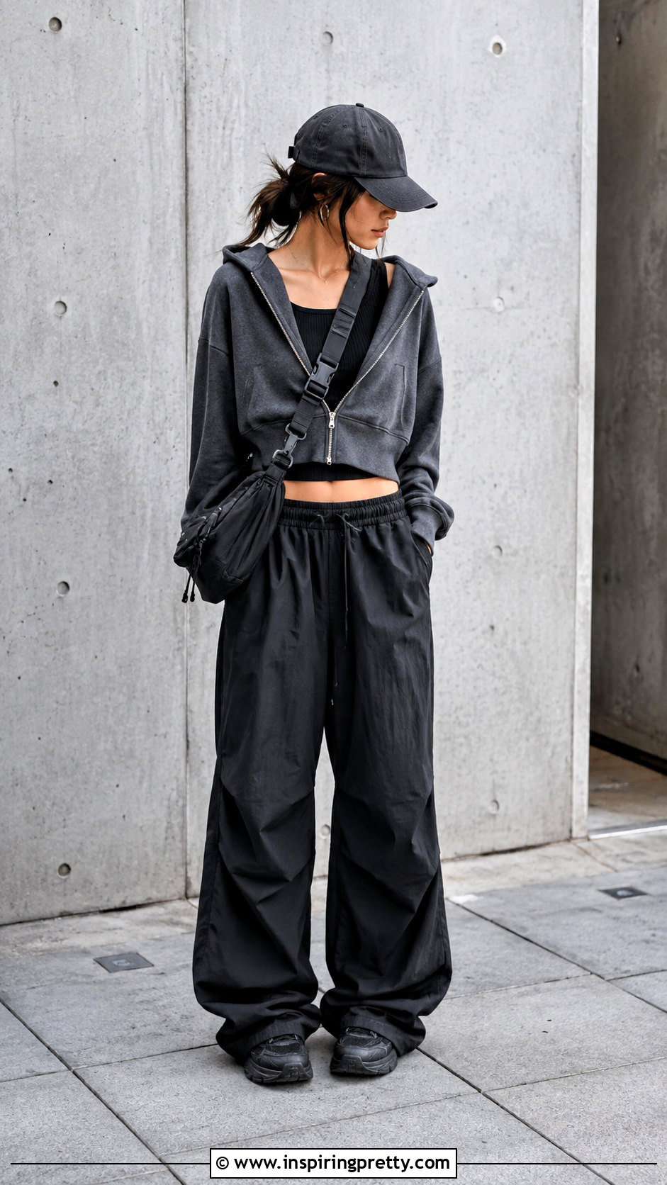 Grunge Cropped Hoodie With Parachute Pants - 50 grunge tops outfit ideas