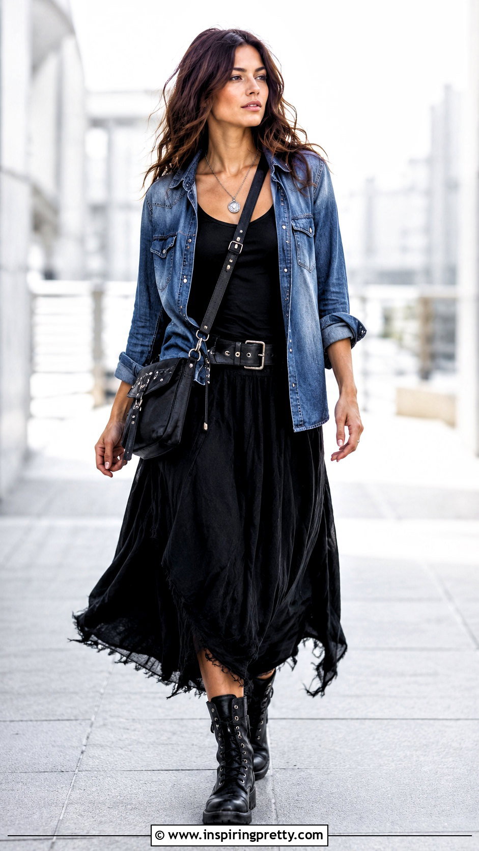 Grunge Denim Shirt With Black Maxi Skirt - 50 grunge tops outfit ideas