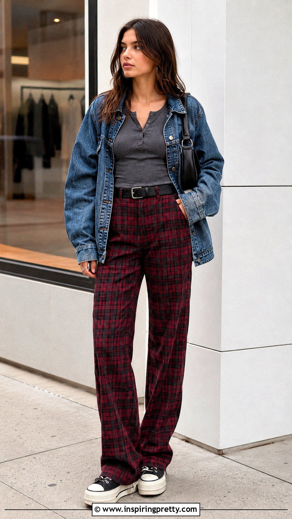 Grunge Gray Top With Plaid Trousers - 50 grunge tops outfit ideas