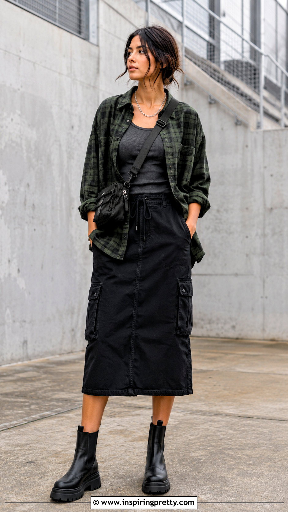 Grunge Green Plaid Shirt With Cargo Skirt - 50 grunge tops outfit ideas