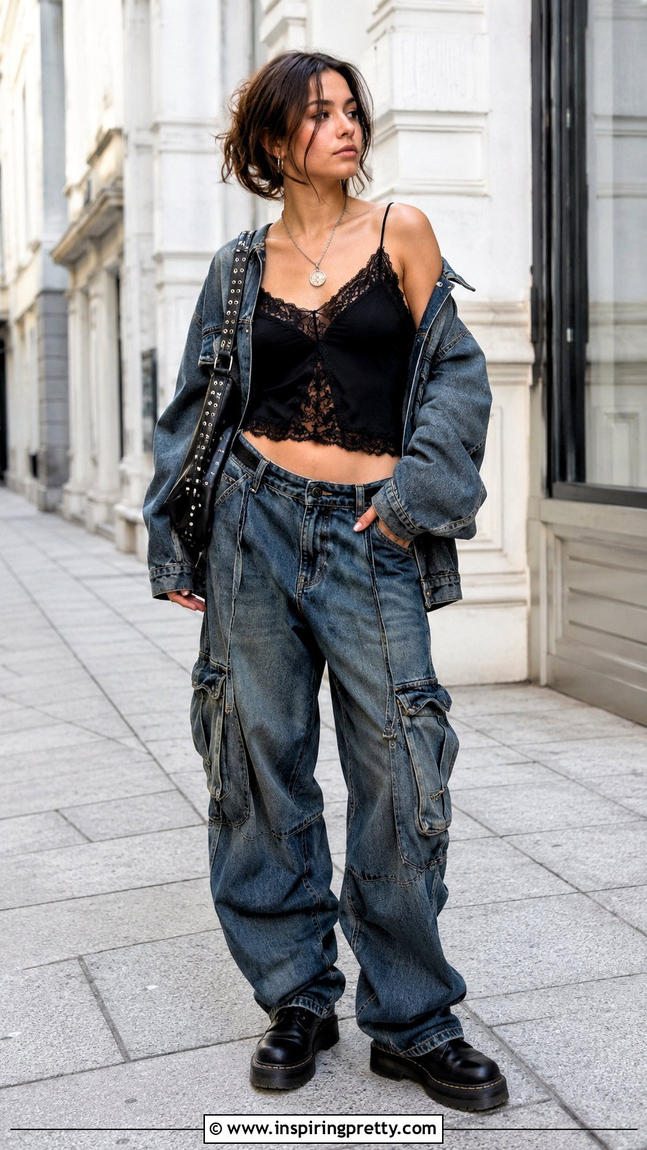 Grunge Lace Camisole With Cargo Jeans - 50 grunge tops outfit ideas