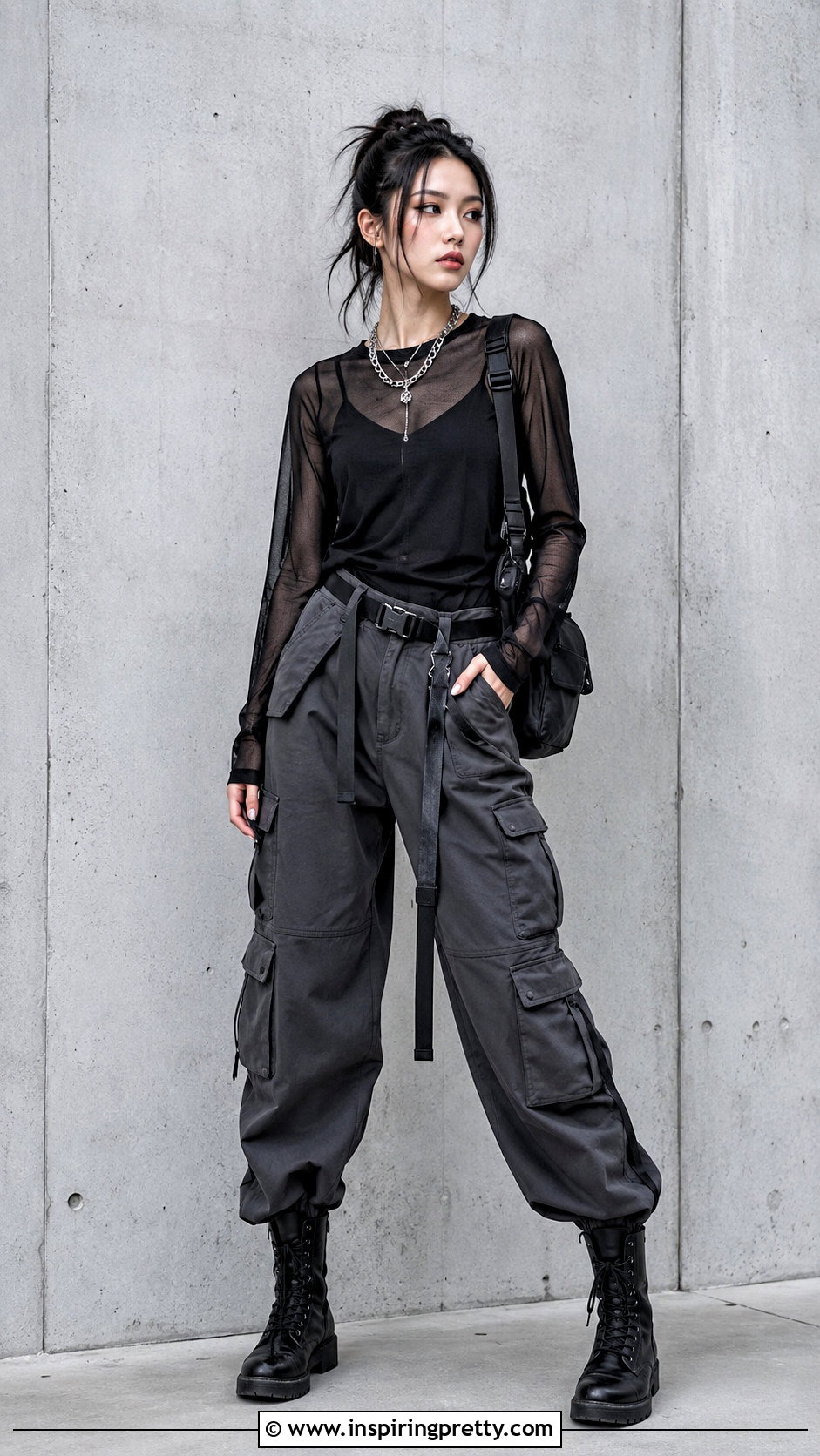 Grunge Mesh Top With Cargo Pants - 50 grunge tops outfit ideas