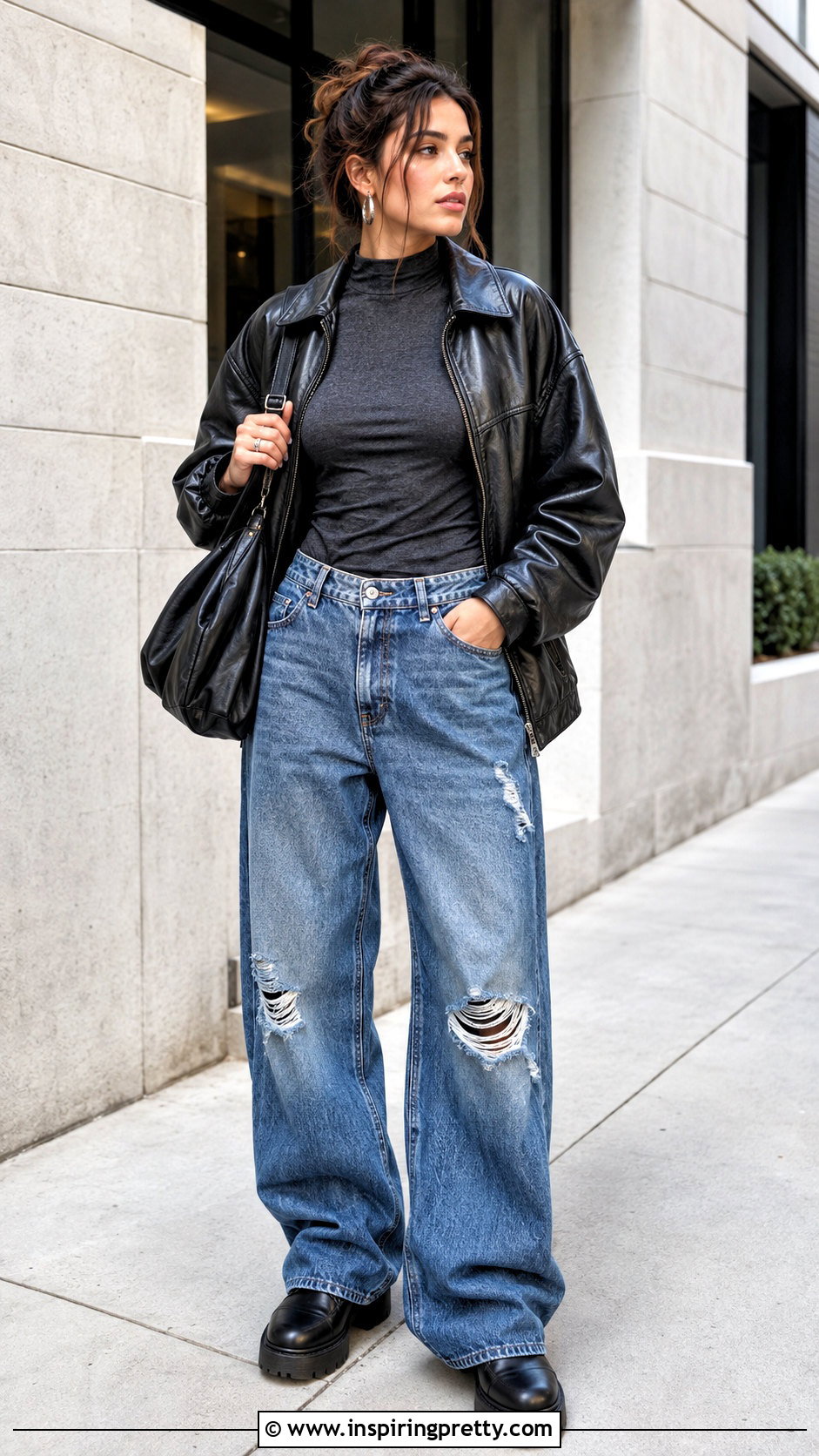 Grunge Mock Neck Top With Ripped Jeans - 50 grunge tops outfit ideas