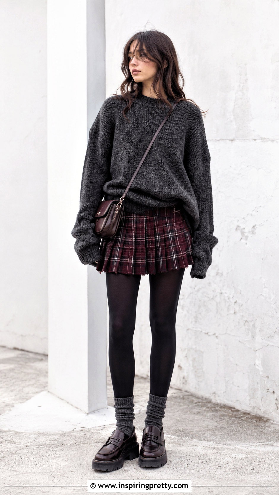 Grunge Oversized Sweater With Plaid Skirt - 50 grunge tops outfit ideas