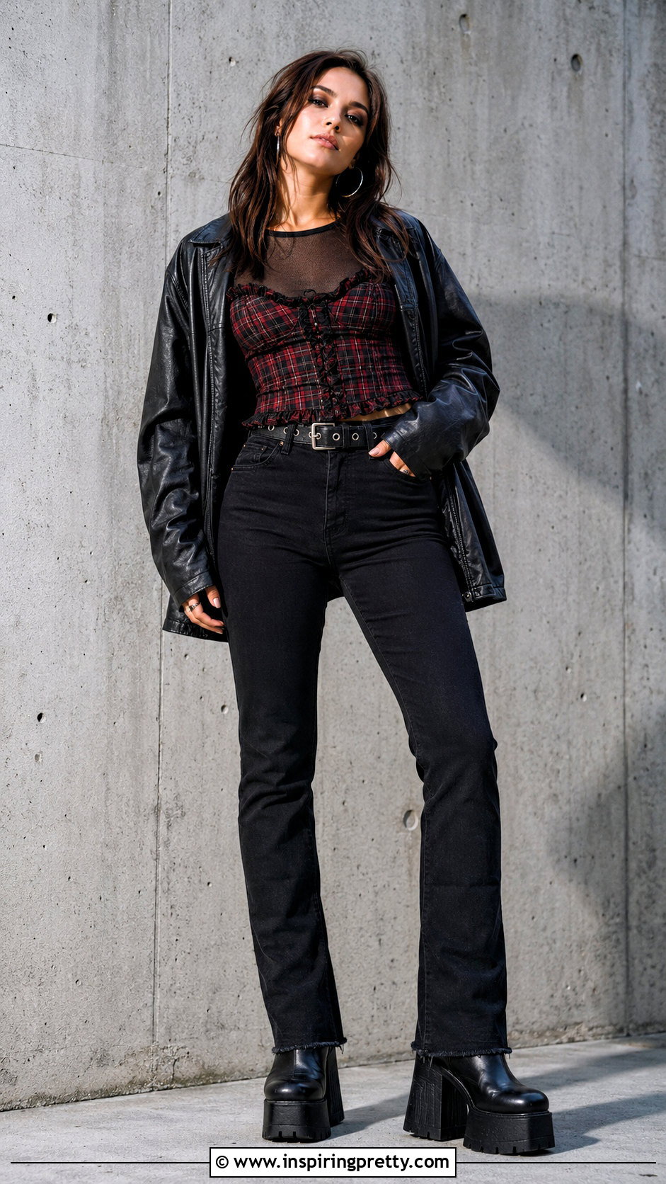 Grunge Plaid Corset Top With Black Jeans - 50 grunge tops outfit ideas