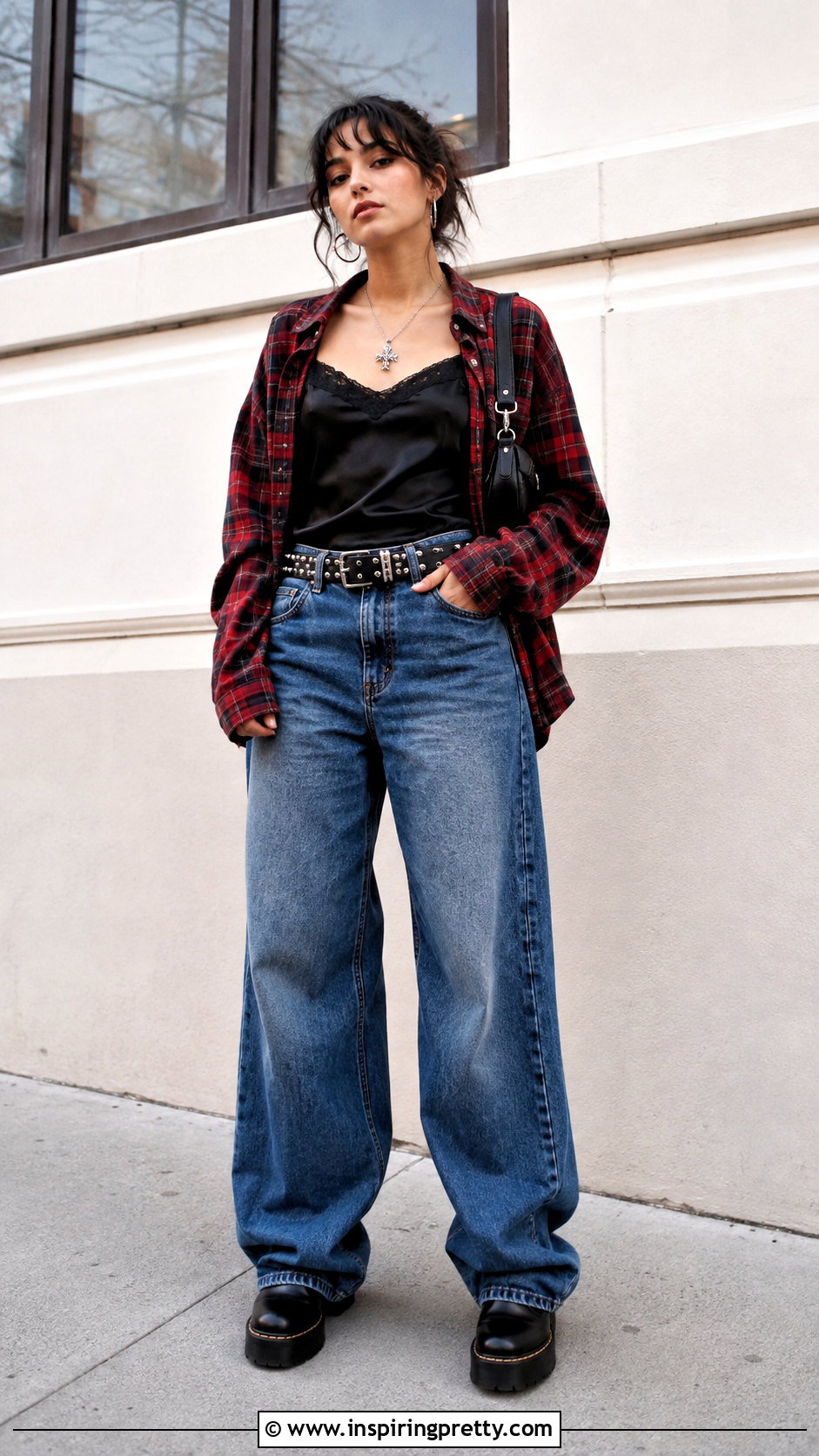 Grunge Satin Camisole With Baggy Jeans - 50 grunge tops outfit ideas