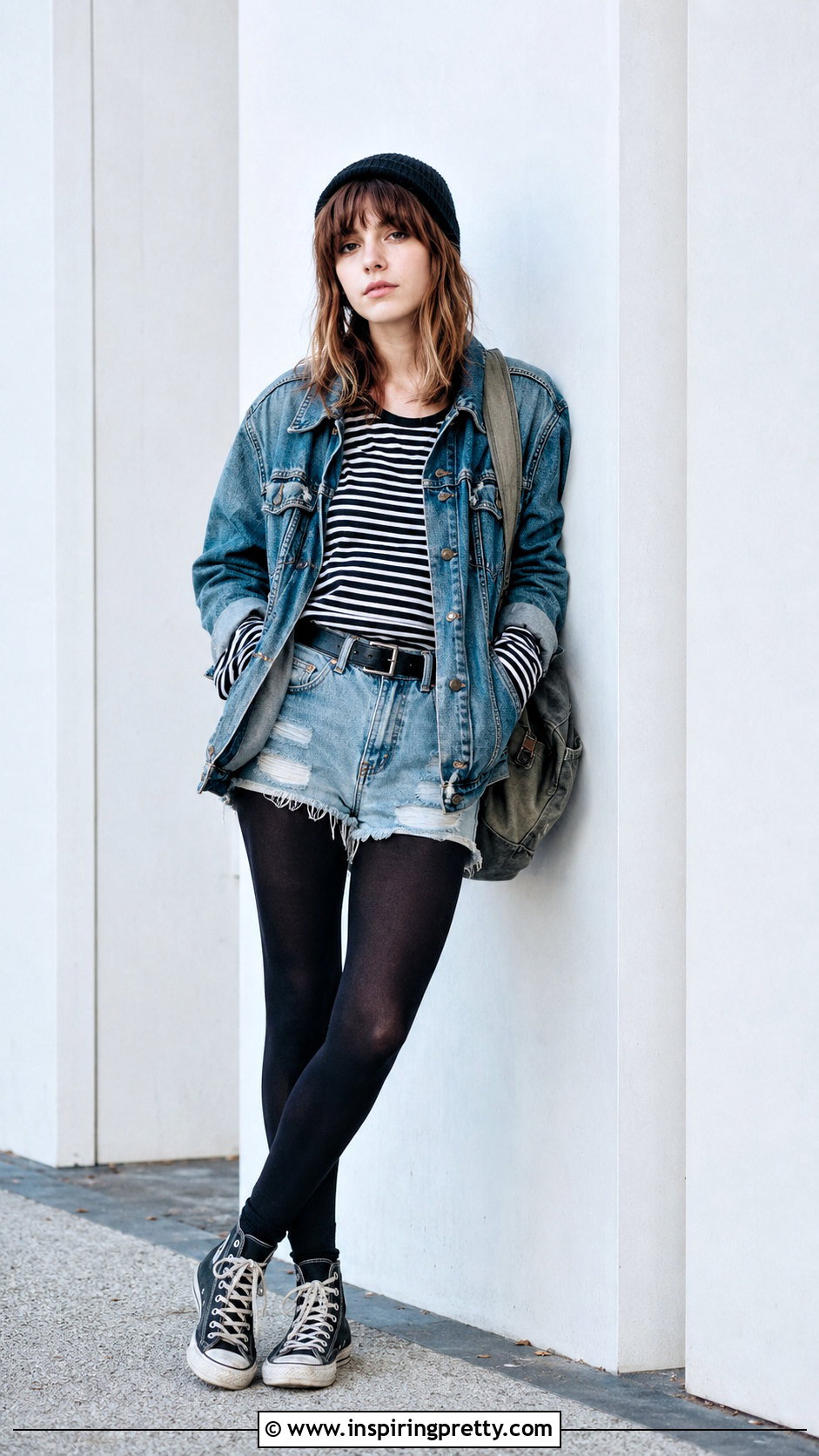 Grunge Striped Top With Denim Shorts - 50 grunge tops outfit ideas