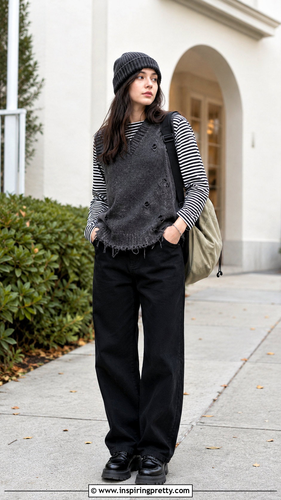 Grunge Sweater Vest With Striped Shirt - 50 grunge tops outfit ideas