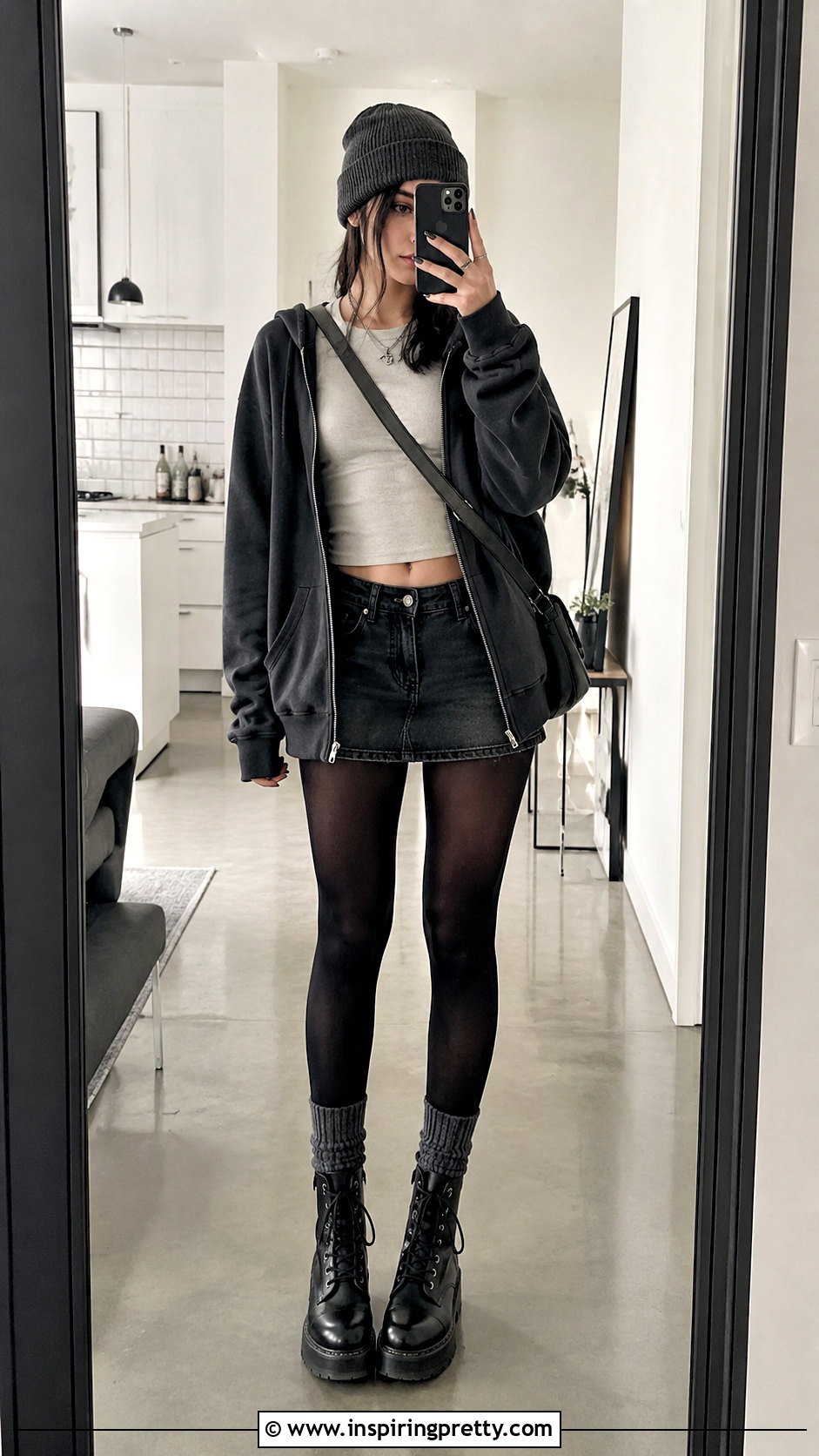 Grunge Zip Hoodie With Denim Mini Skirt - 50 grunge tops outfit ideas