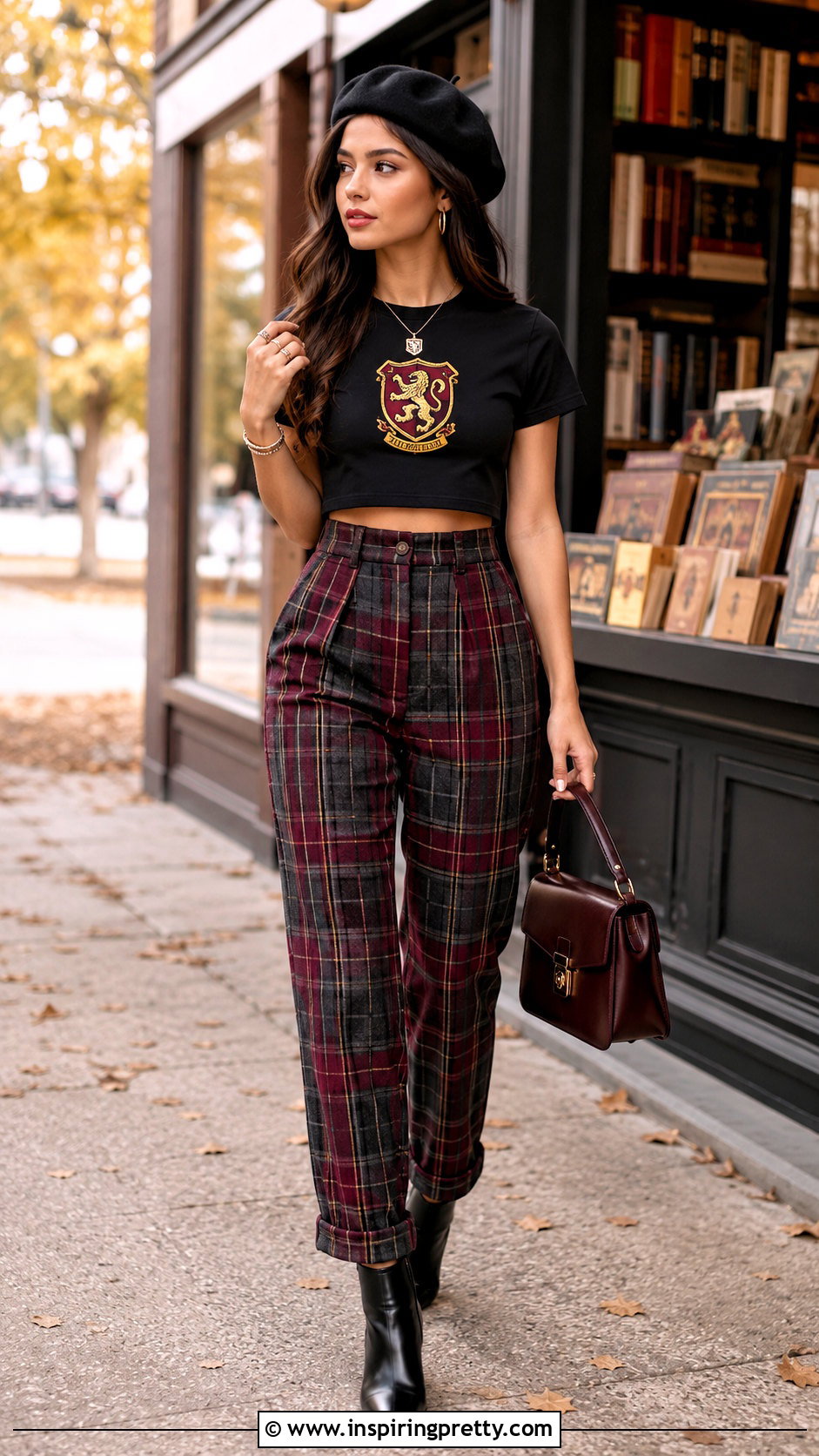 Gryffindor Crop Top With Plaid Pants And Boots - 20 Gryffindor Crop Top outfit ideas