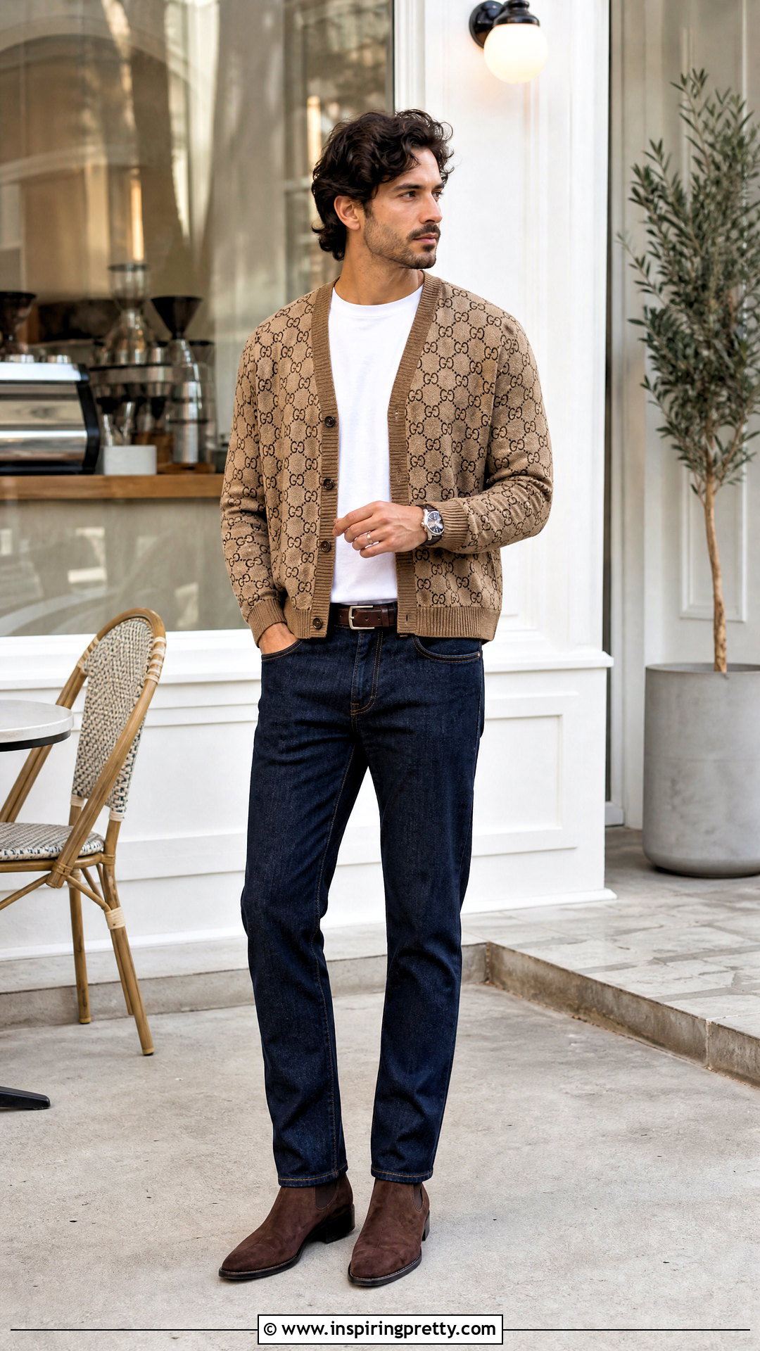 Gucci Cardigan With White T Shirt And Jeans - 20 Gucci Men's Tops outfit ideas