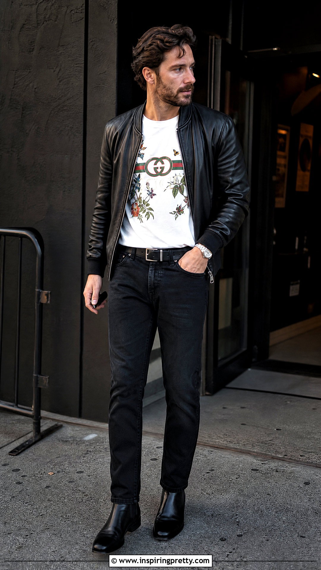 Gucci Long Sleeve T Shirt With Leather Jacket - 20 Gucci Men's Tops outfit ideas