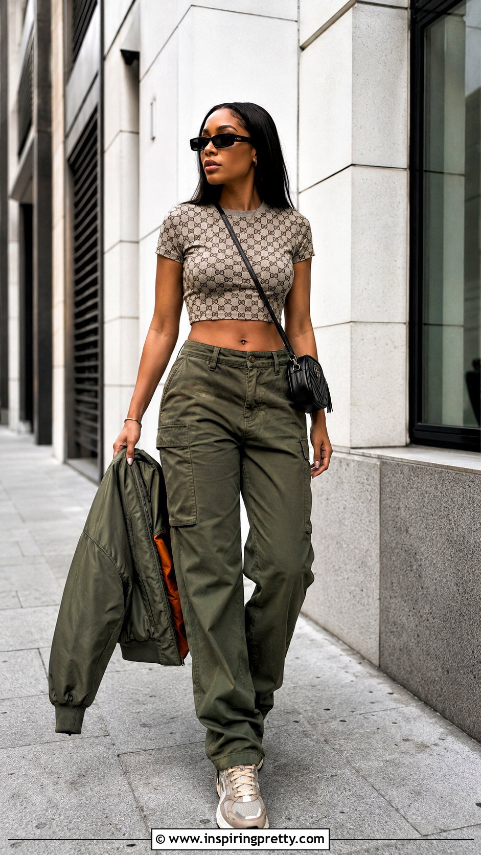 Gucci Monogram Crop Top With Cargo Pants - 20 gucci crop top women outfit ideas