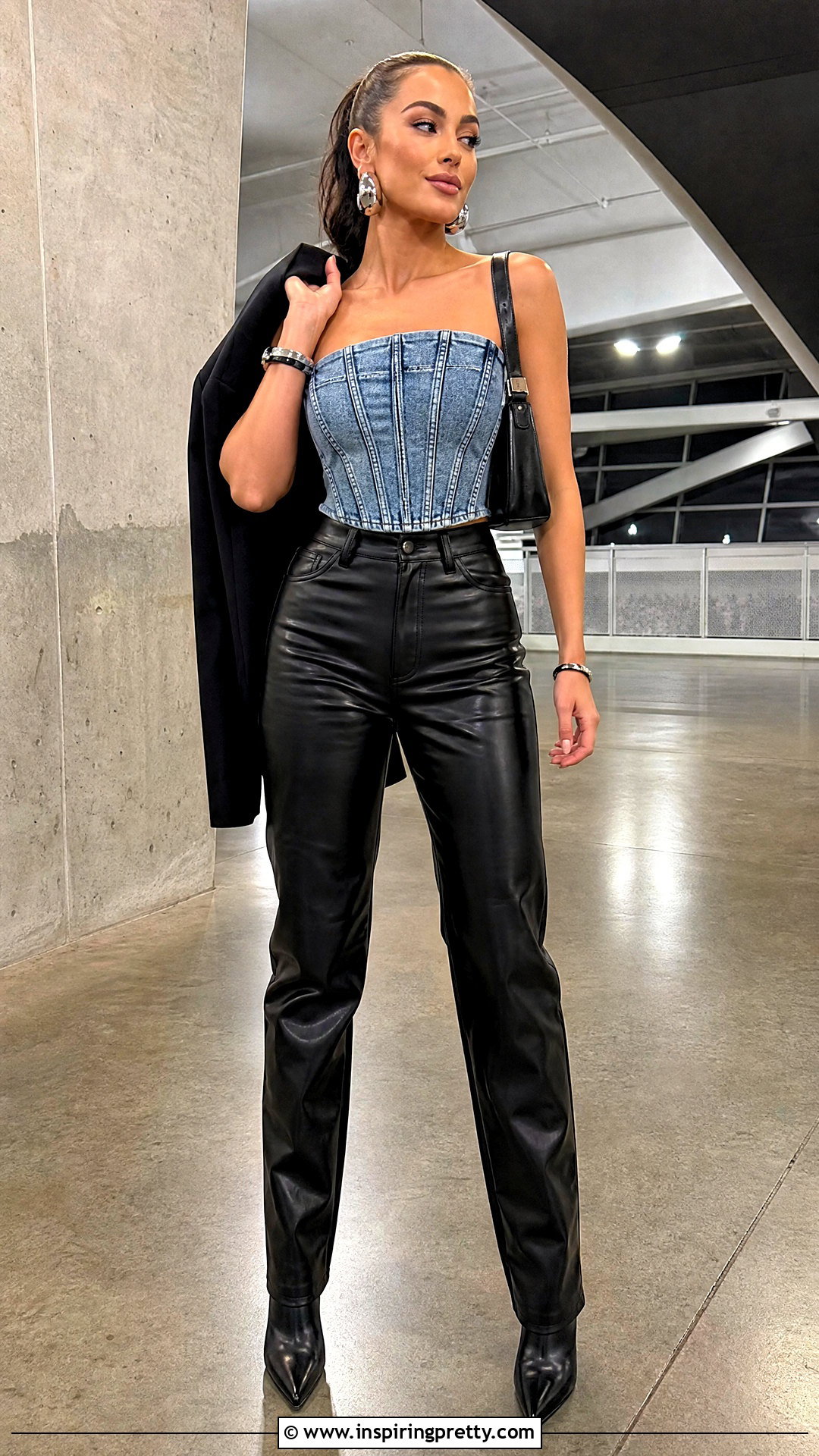 Guess Denim Corset Top With Black Leather Pants - 20 guess denim corset top outfit ideas