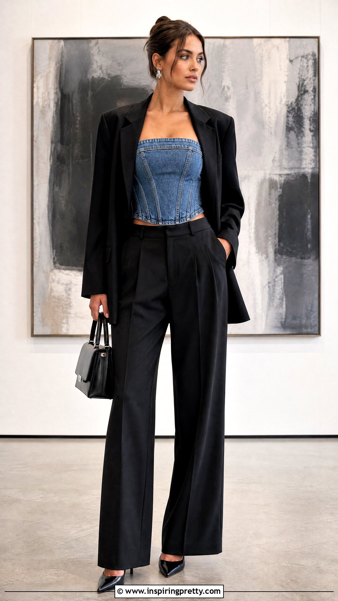 Guess Denim Corset Top With Black Tailored Trousers - 20 guess denim corset top outfit ideas