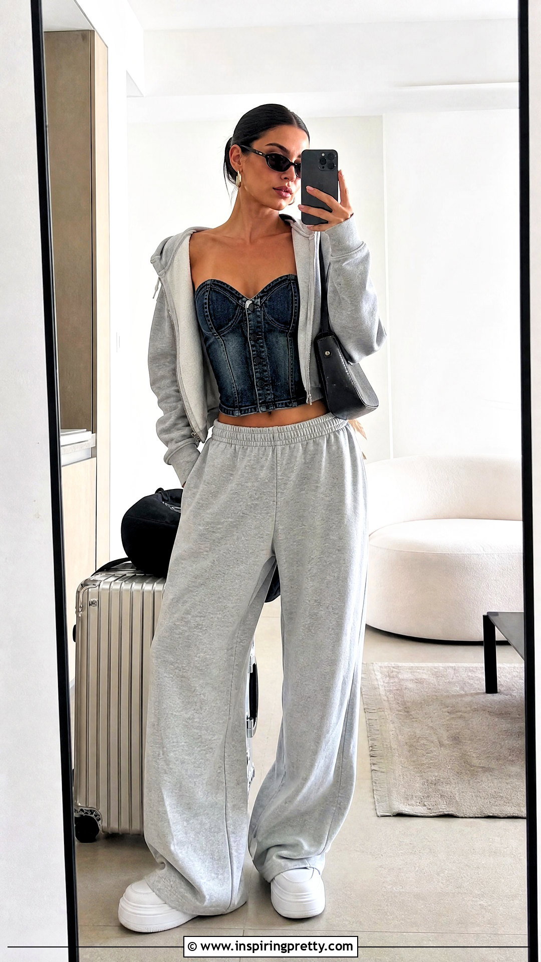 Guess Denim Corset Top With Gray Sweatpants And Sneakers - 20 guess denim corset top outfit ideas