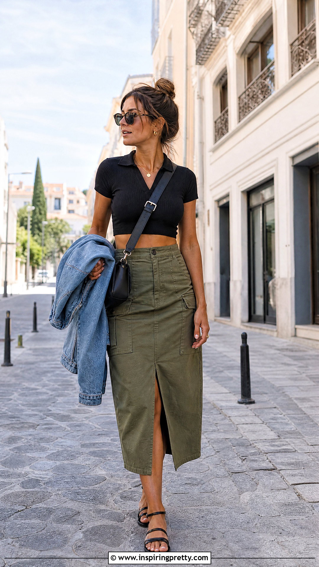 Half Shirt Crop Top With Utility Midi Skirt - 25 Half Shirt Crop Top outfit ideas
