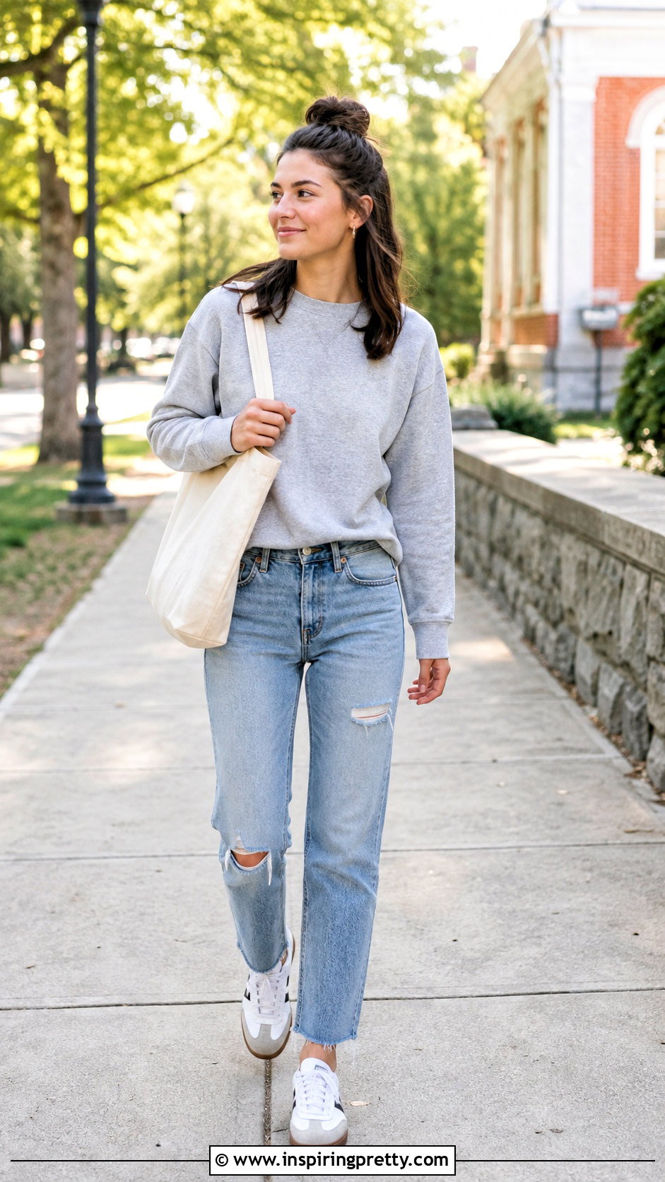 Half Up Bun With Distressed Jeans And Sweatshirt - 50 hairstyles for jeans and tops
