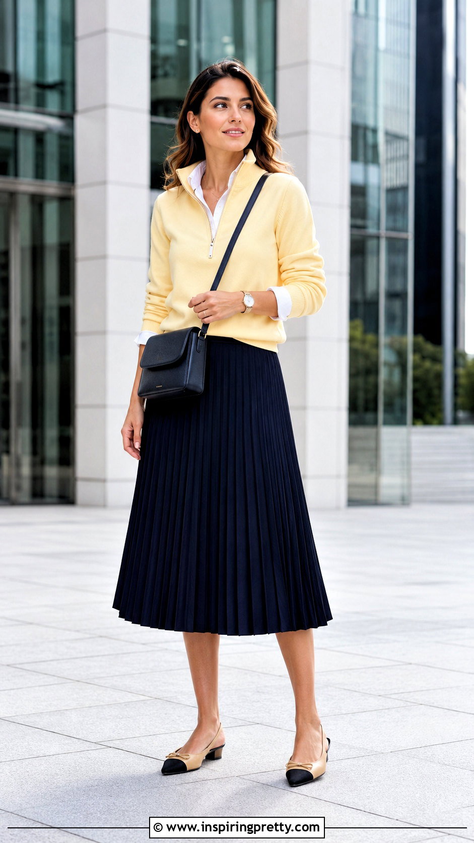 Half Zip Layering Top Over Collared Shirt And Midi Skirt - 20 Layering Tops For Spring Ideas