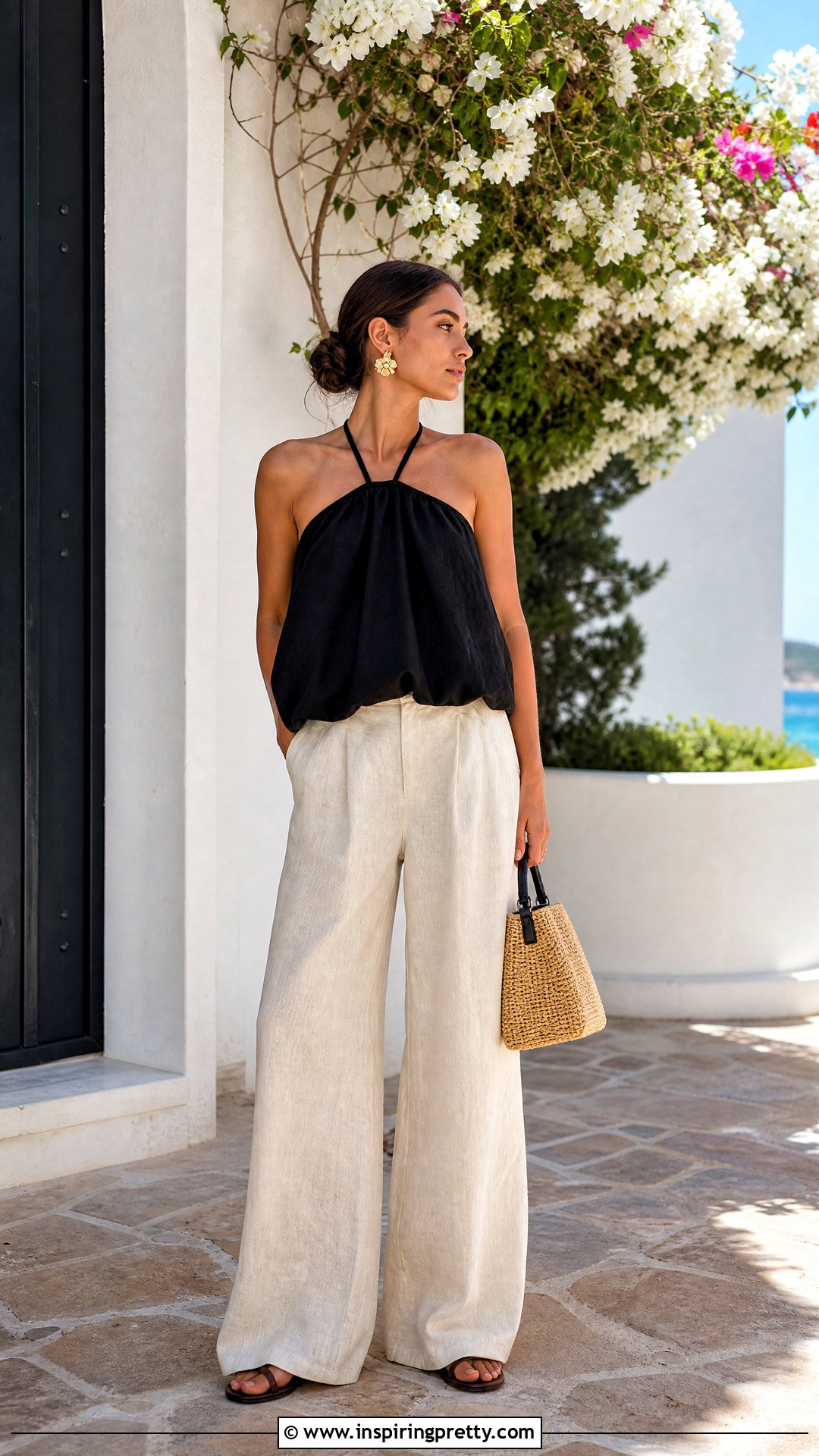 Halter Baby Doll Top With Linen Trousers - 50 Baby Doll Top Outfit ideas