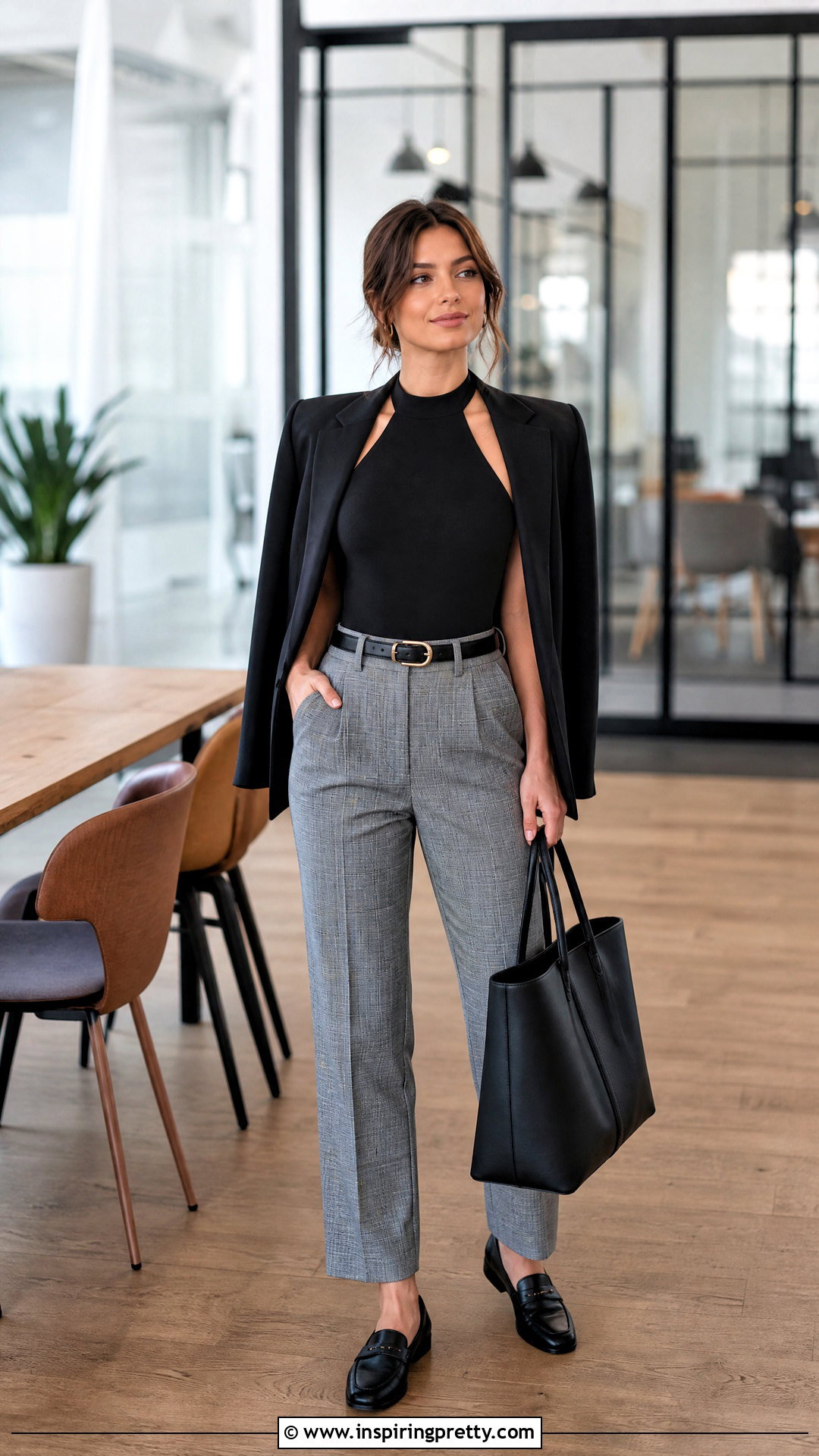 Halter Bodysuit With Checked Trousers And Loafers - 25 Halter Top Business Casual outfits