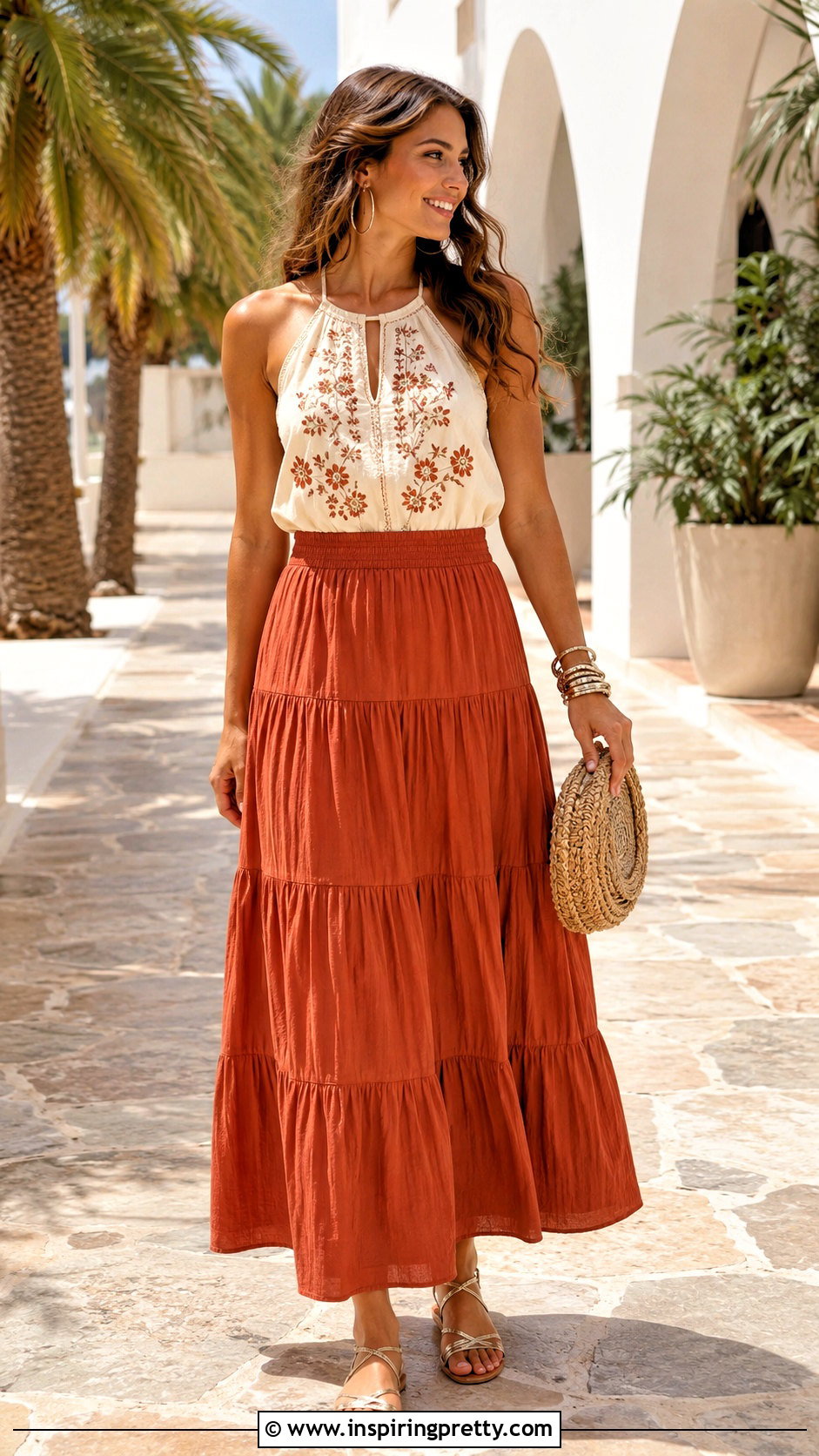 Halter Bohemian Top With Tiered Maxi Skirt - 20 bohemian chic tops outfit ideas