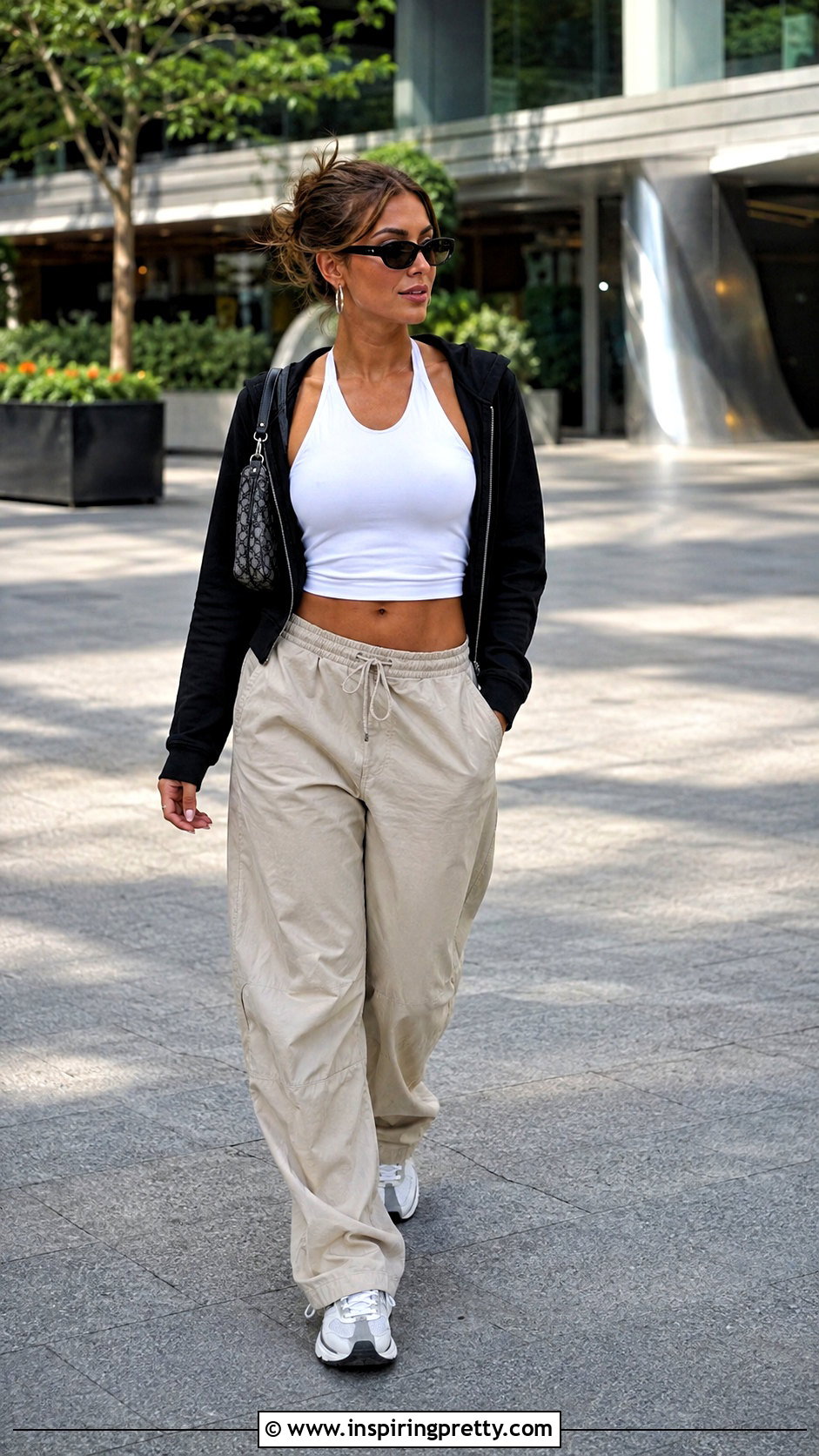 Halter Crop Top And Zip Up Hoodie With Parachute Pants - 25 crop top and zip up hoodie outfit ideas