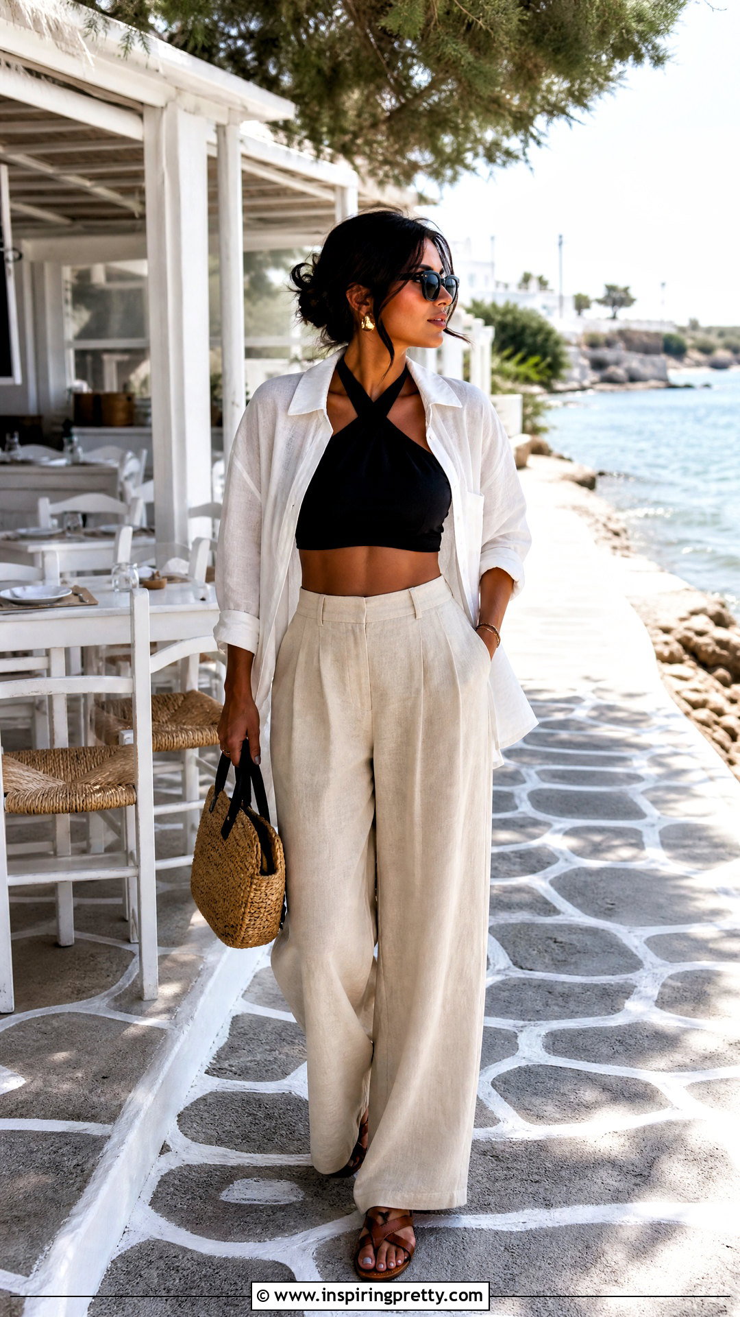 Halter Crop Top With Linen Trousers - 50 crop tops outfit ideas