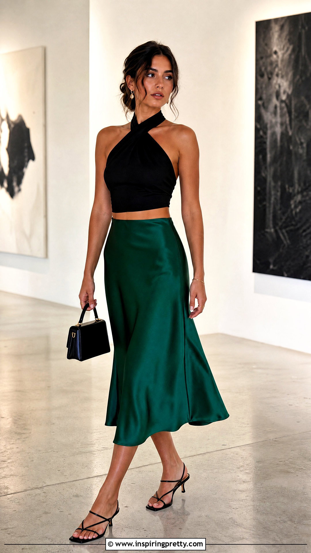 Halter Crop Top With Satin Midi Skirt - 50 trendy crop tops outfit ideas