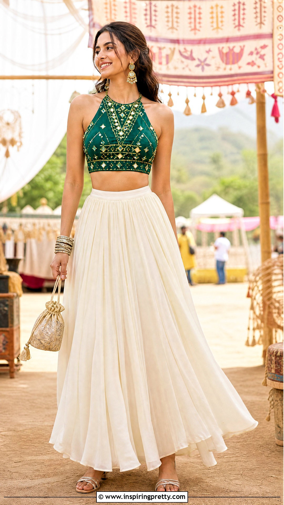 Halter Embroidery Crop Top With Maxi Skirt - 20 embroidery crop top designs