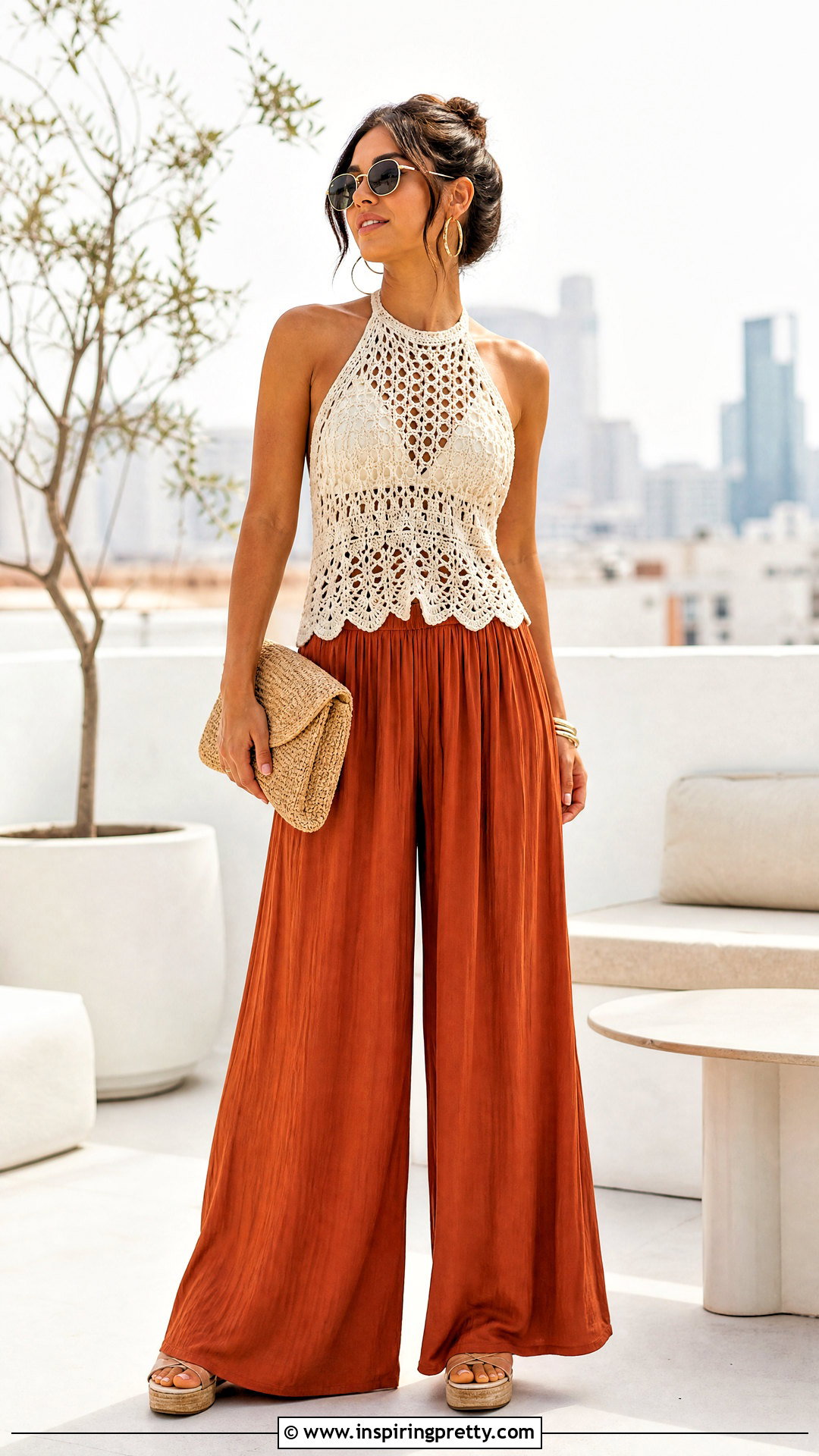 Halter Mesh Crochet Top With Palazzo Pants - 50 mesh crochet top outfit ideas