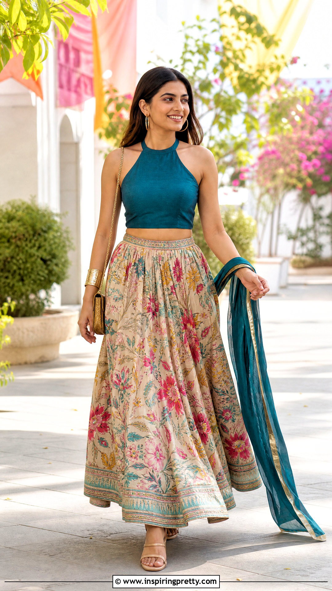 Halter Neck Crop Top Blouse With Printed Lehenga - 50 latest crop top blouse designs