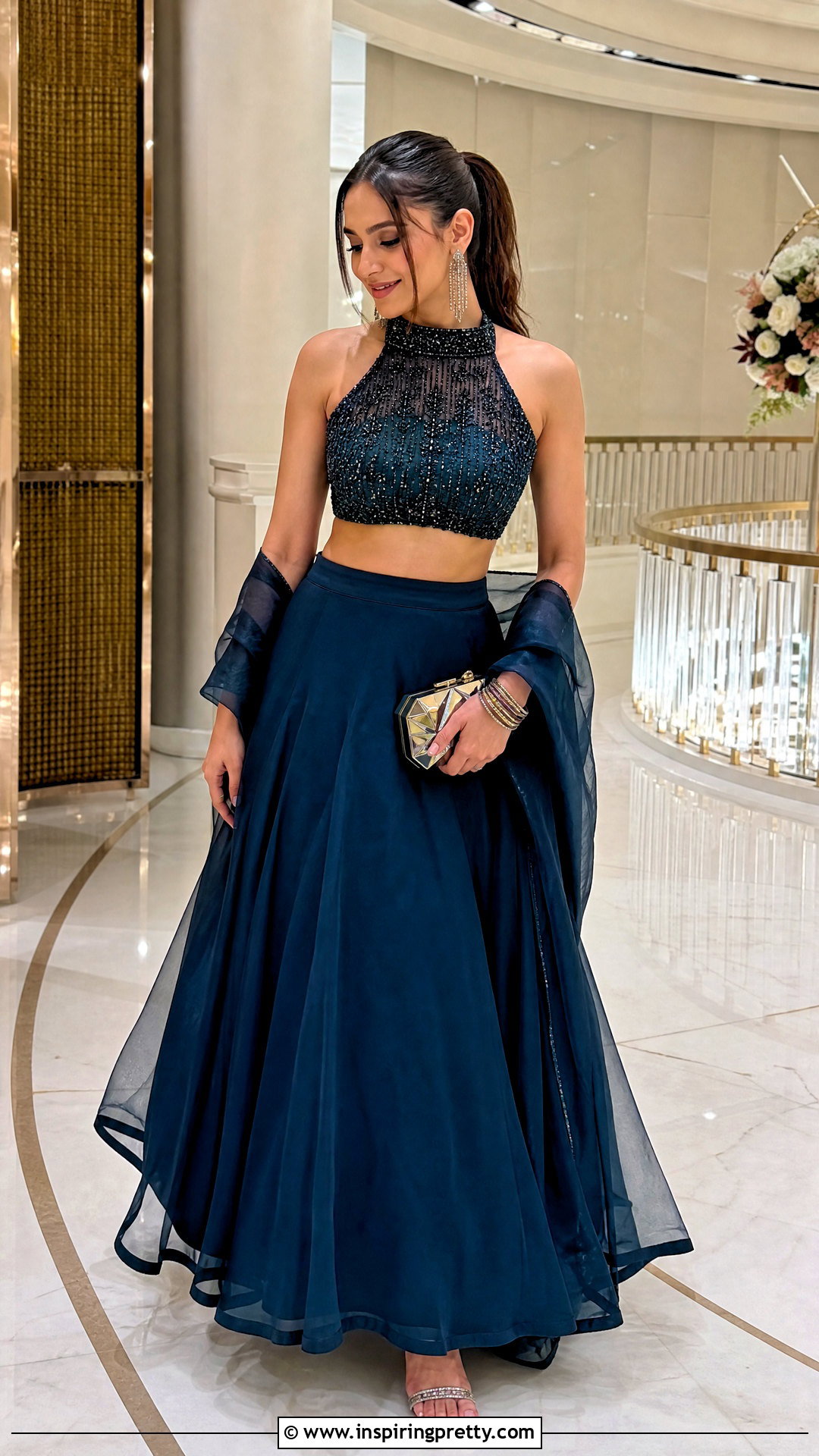 Halter Neck Organza Crop Top Lehenga Outfit - 50 organza crop top lehenga outfit ideas