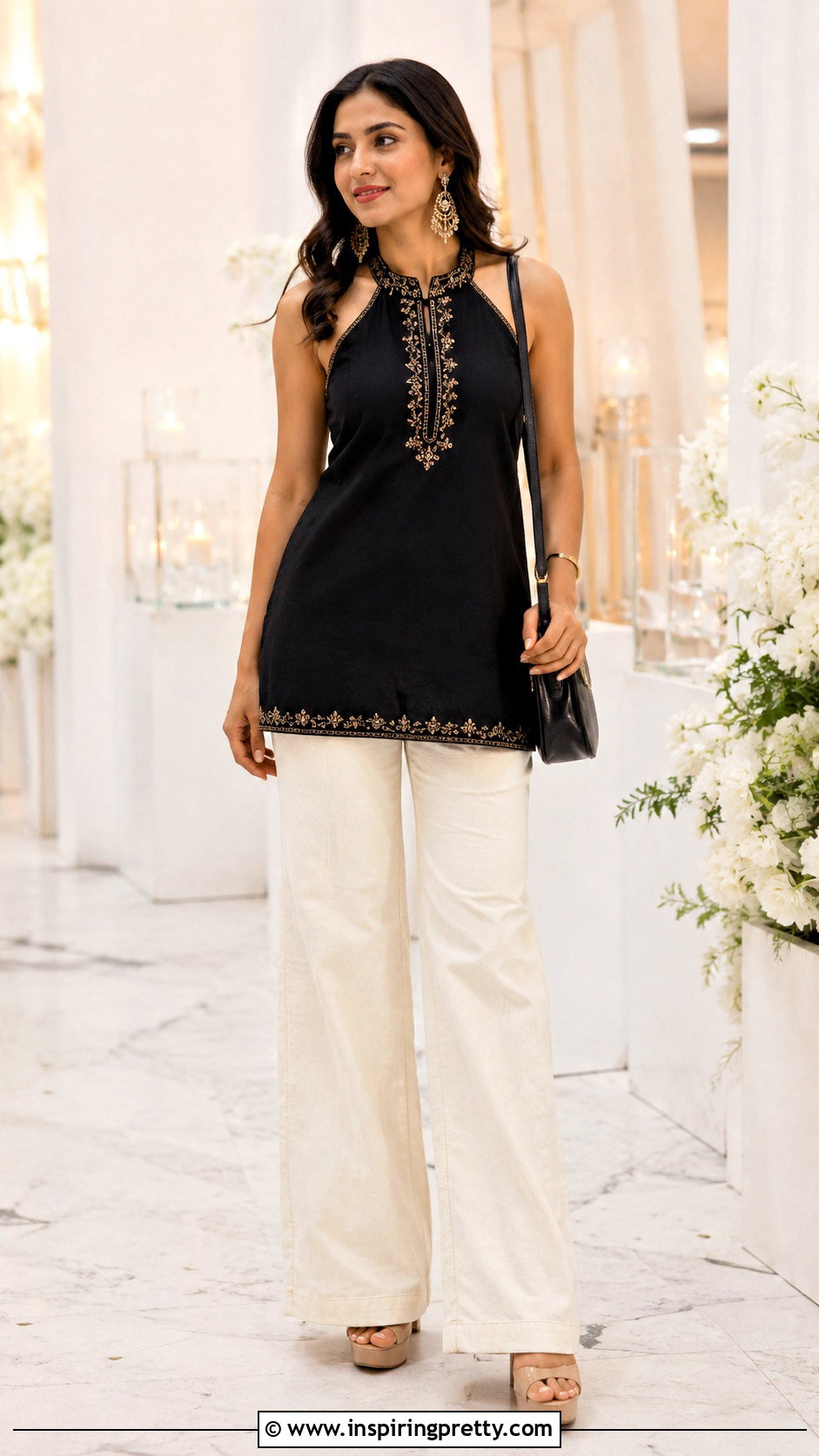 Halter Neck Short Kurti With Wide Leg Jeans - 50 short kurti tops for jeans