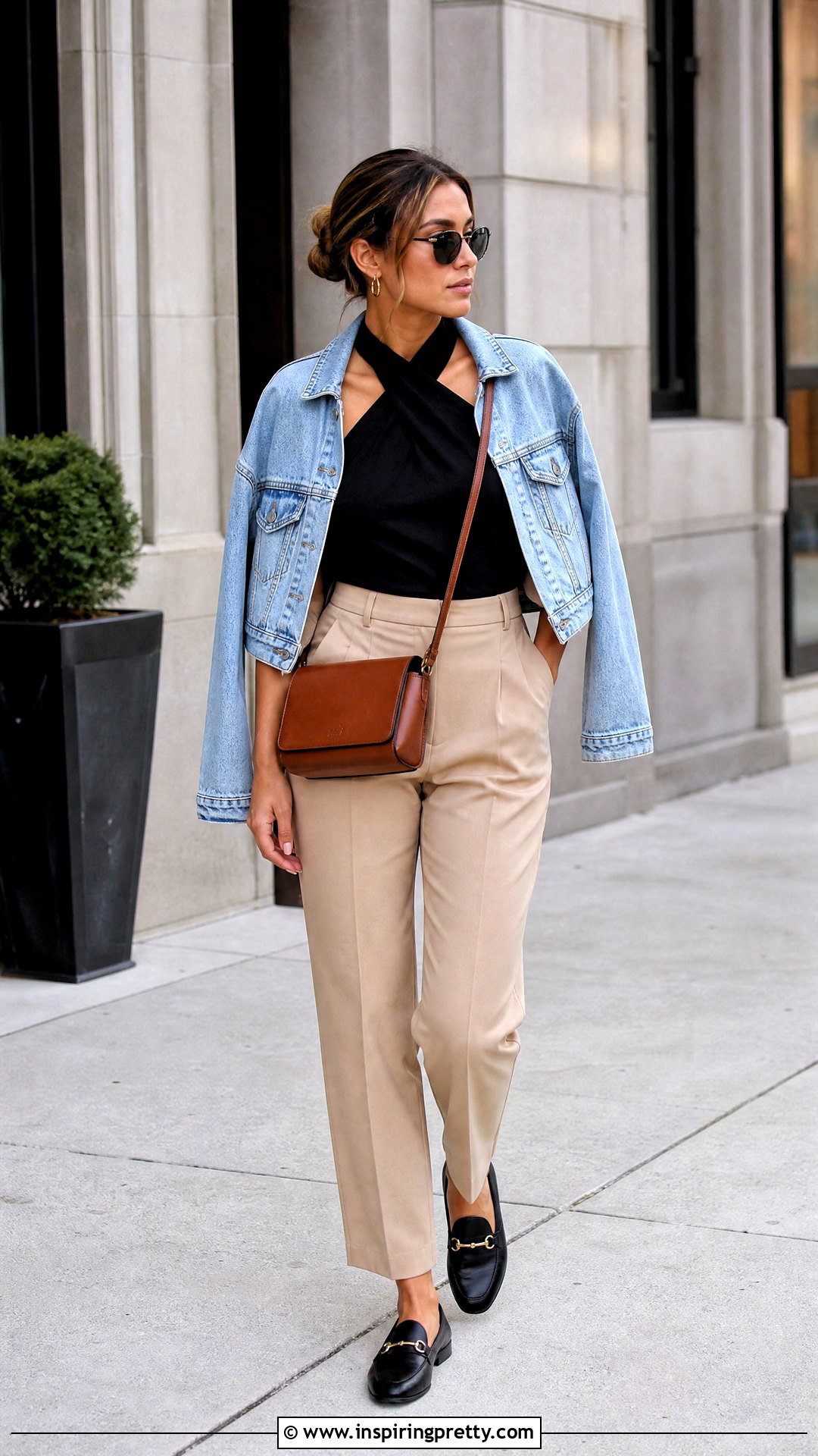 Halter Neck Top With A Denim Jacket And Trousers - 50 halter neck tops outfit ideas