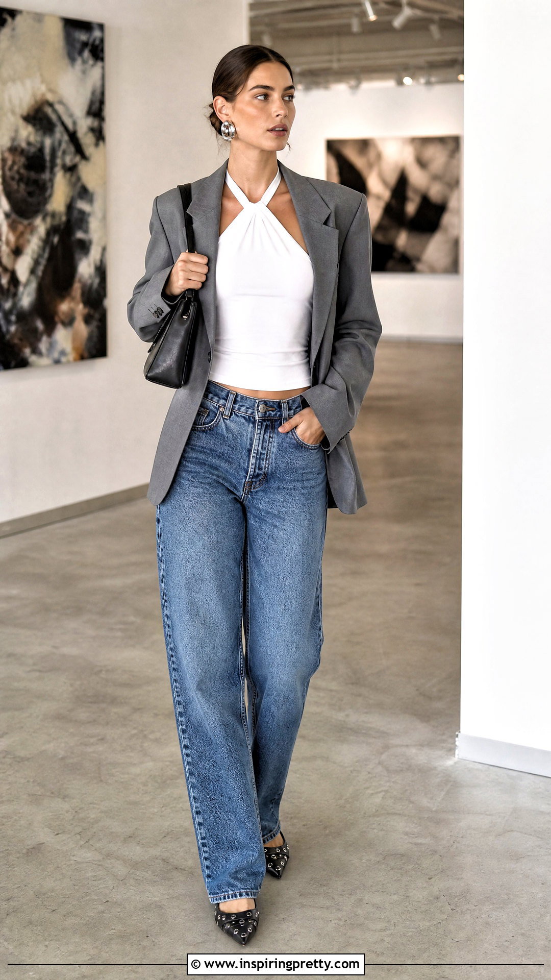 Halter Neck Top With An Oversized Blazer And Jeans - 50 halter neck tops outfit ideas