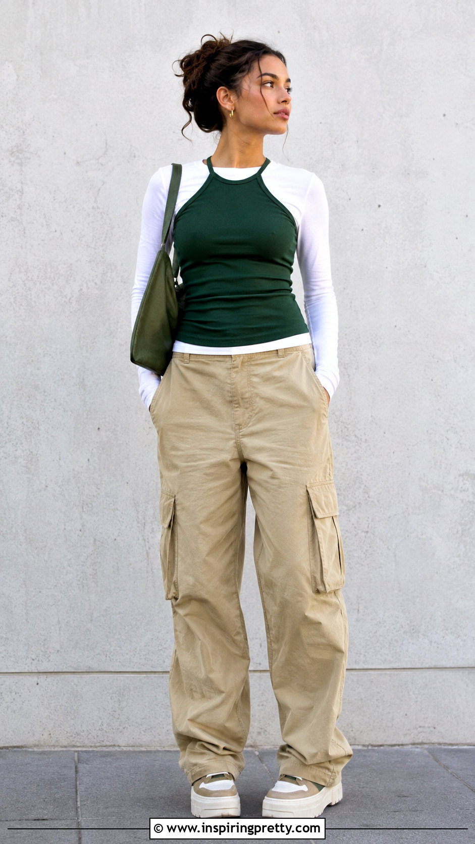 Halter Tank Top Over Crew Neck Shirt With Cargo Pants - 50 tank top over long sleeve outfit ideas
