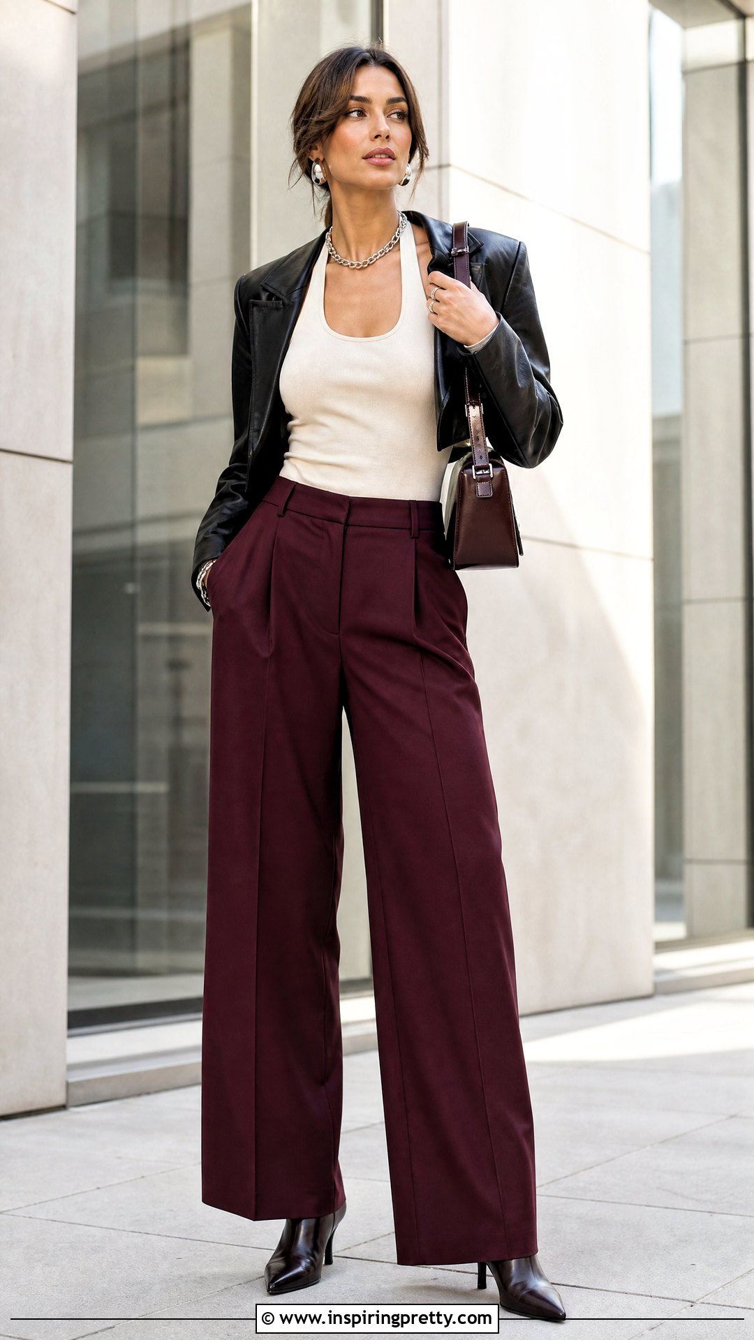 Halter Tank Top With Leather Jacket And Wide Leg Pants - 50 halter tank top outfit ideas