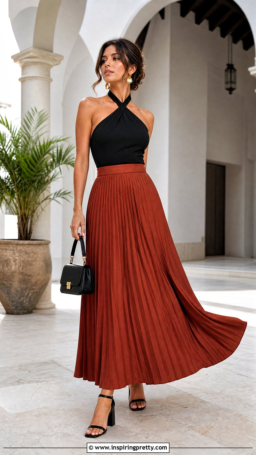 Halter Top With a Pleated Maxi Skirt - 50 halter top outfit ideas