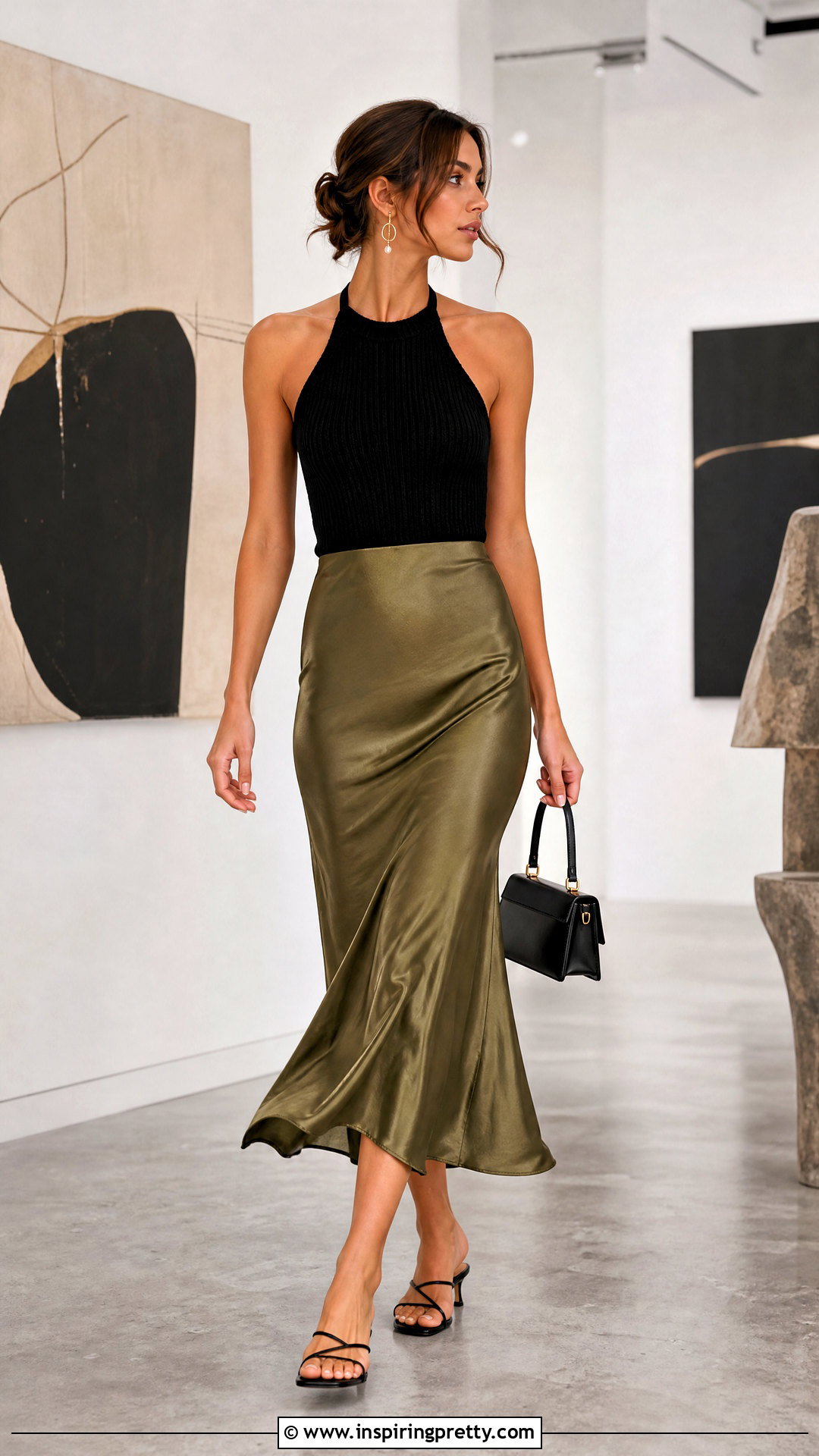 Halter Top With a Satin Midi Skirt - 50 halter top outfit ideas
