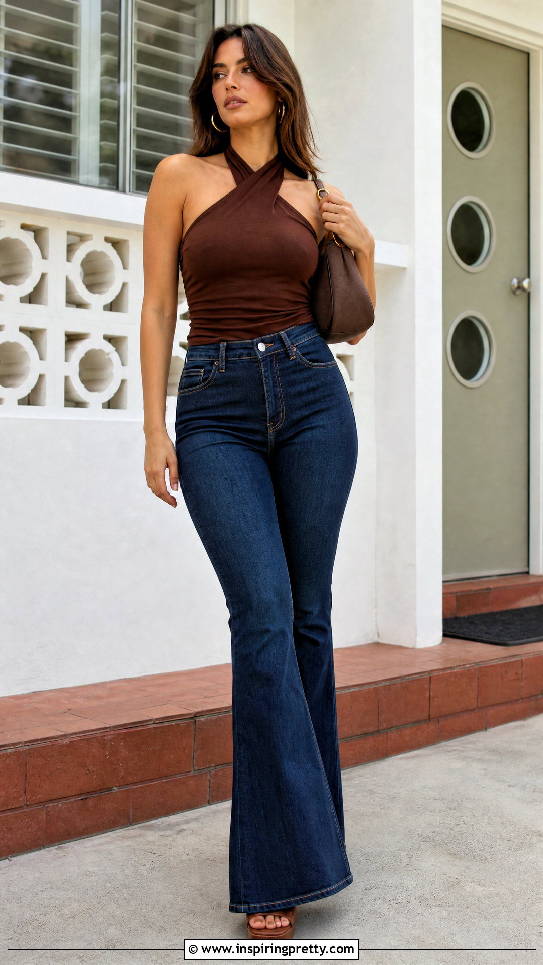 Halterneck Top With High Waisted Flared Jeans - 50 halterneck top outfit ideas