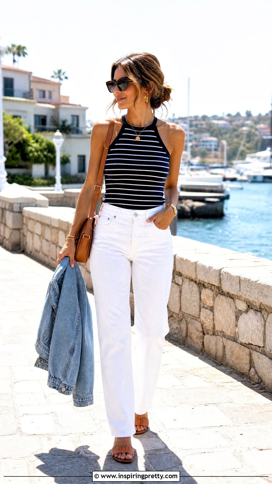 Halterneck Top With White Jeans - 50 halterneck top outfit ideas
