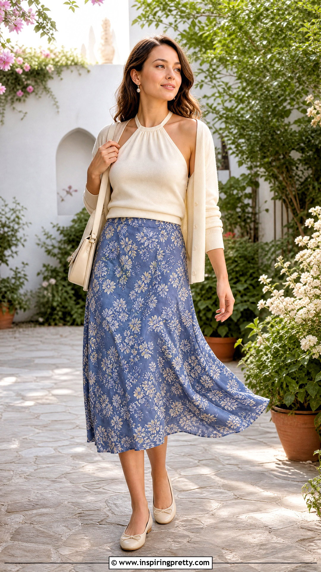 Halterneck Top With a Cardigan and Midi Skirt - 50 halterneck top outfit ideas