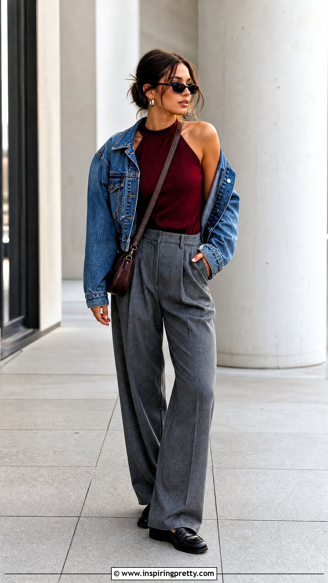 Halterneck Top With a Denim Jacket and Trousers - 50 halterneck top outfit ideas