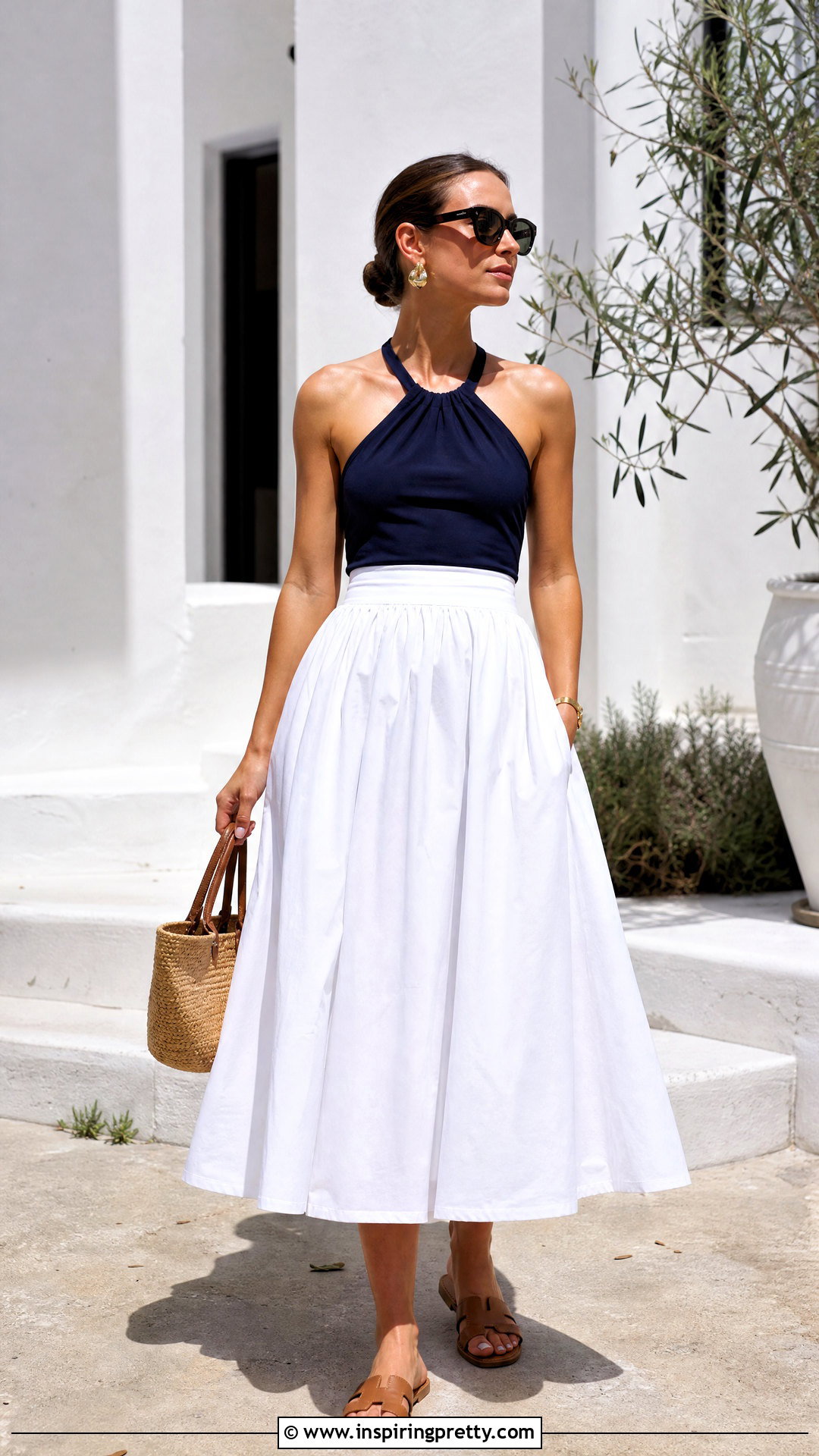 Halterneck Top With a White Poplin Skirt - 50 halterneck top outfit ideas