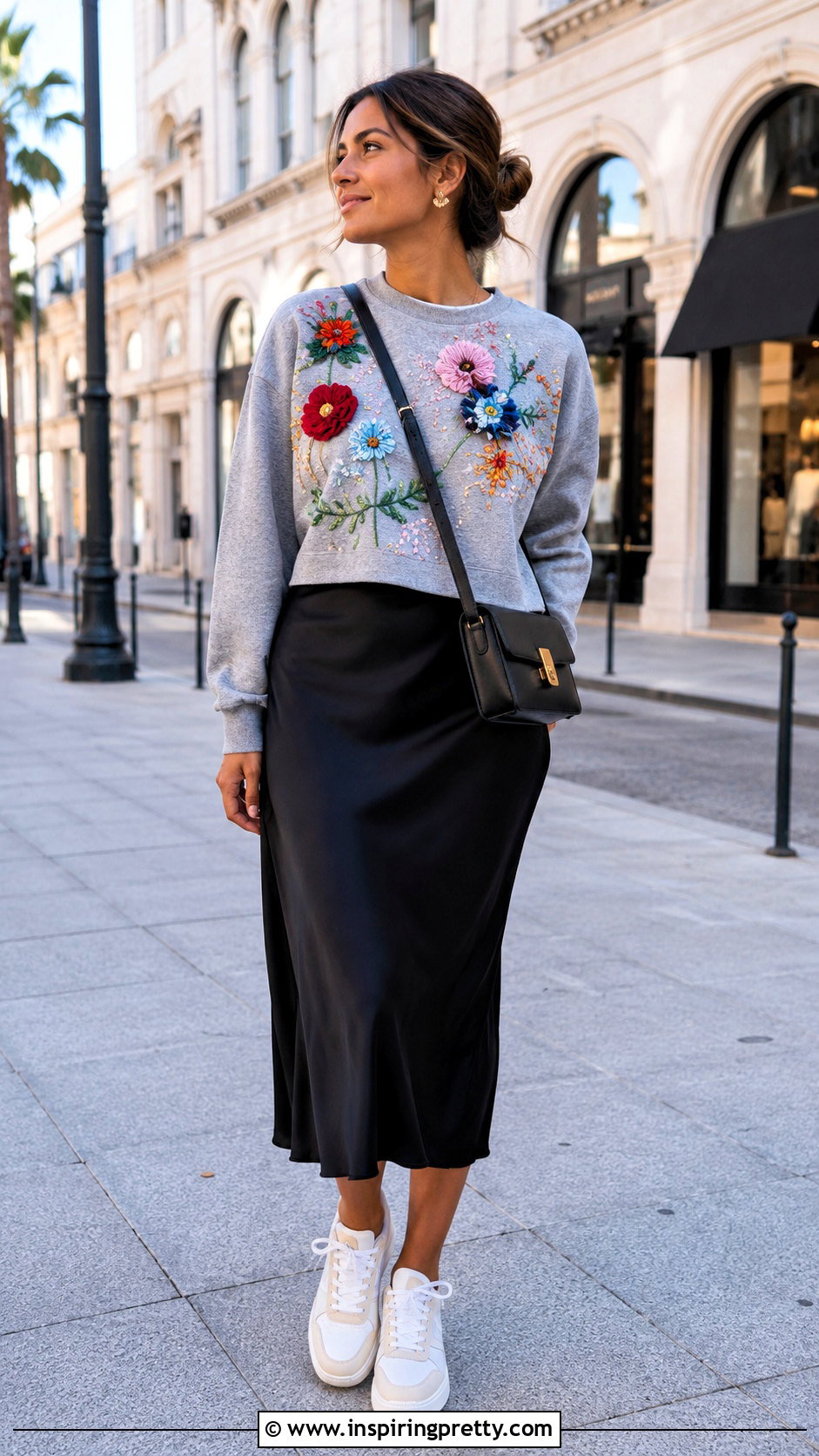 Hand Embellished Sweatshirt With Midi Skirt - 50 handmade tops outfit ideas